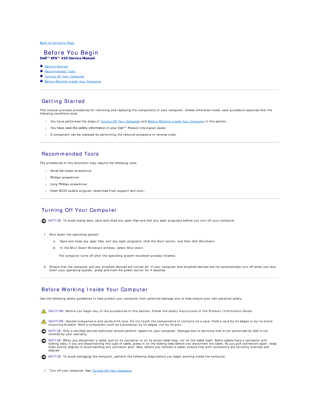 Dell 410 specifications Before You Begin, Getting Started, Recommended Tools, Turning Off Your Computer 