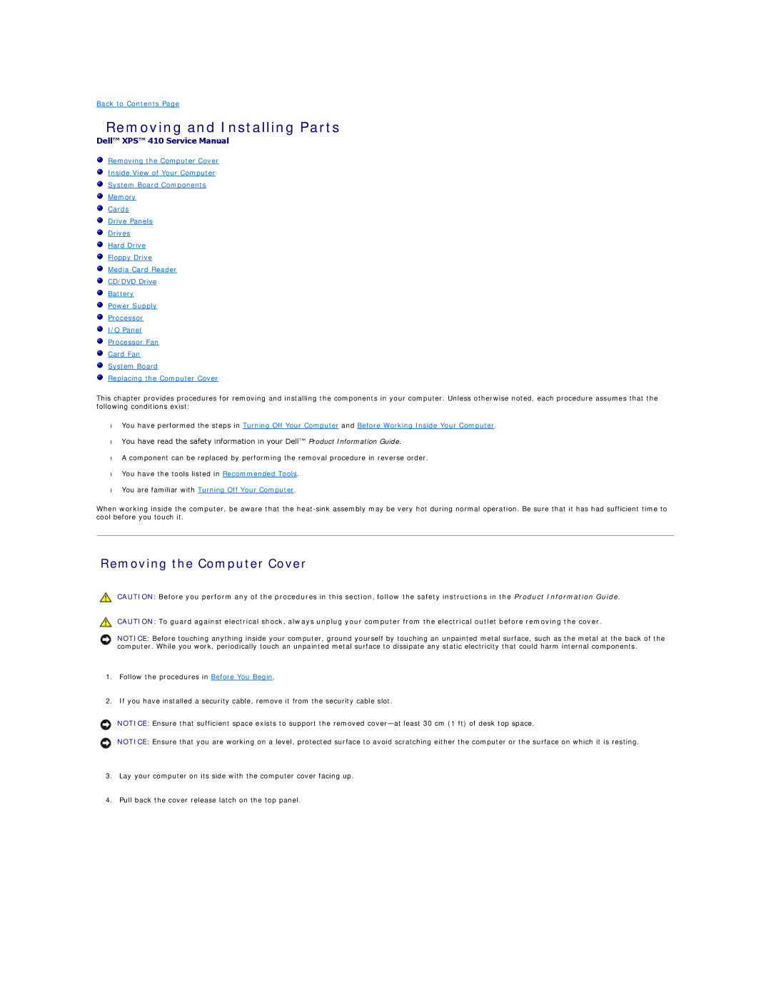 Dell 410 specifications Removing and Installing Parts, Removing the Computer Cover 