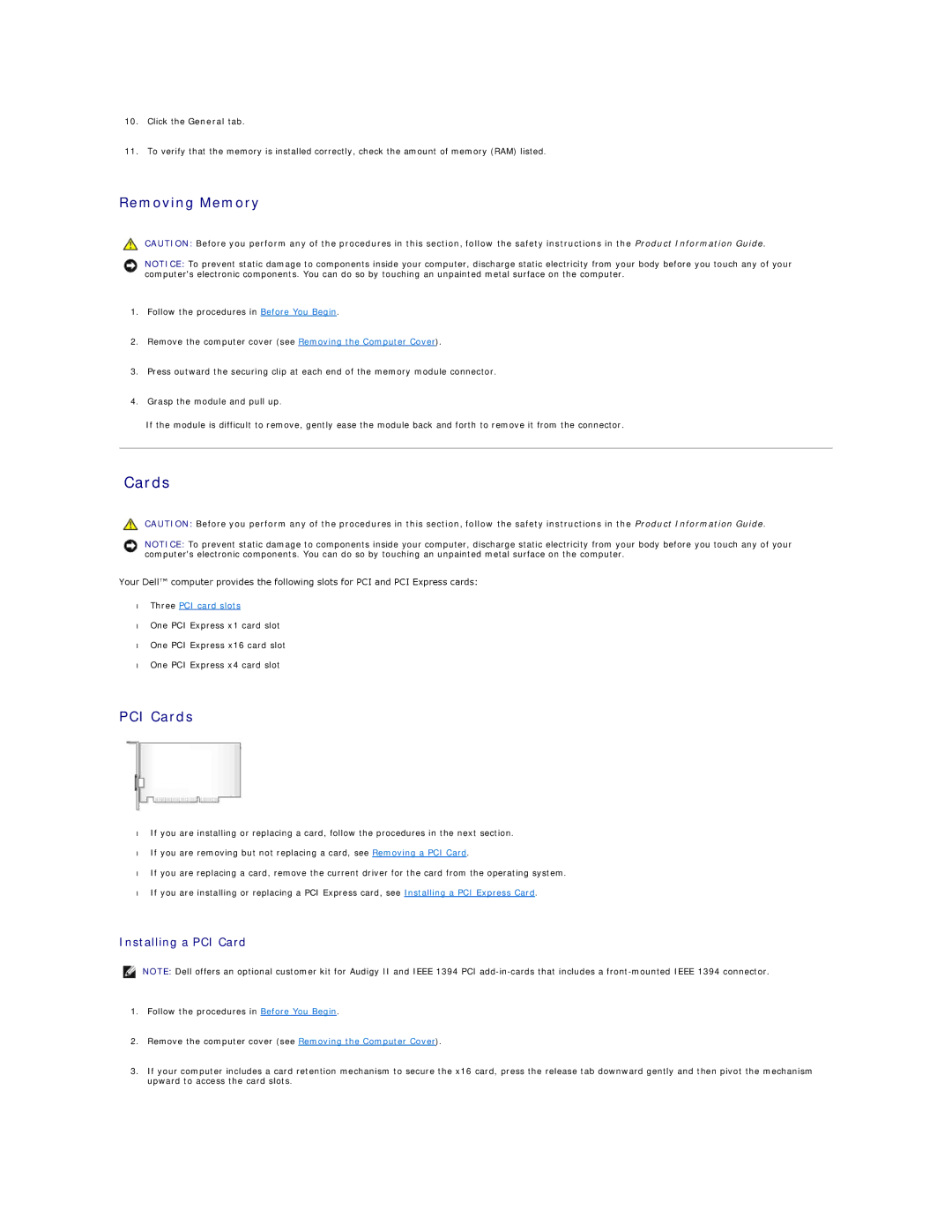 Dell 410 specifications Removing Memory, PCI Cards 