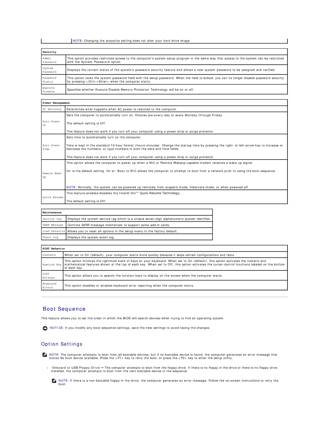 Dell 410 specifications Boot Sequence, Option Settings 