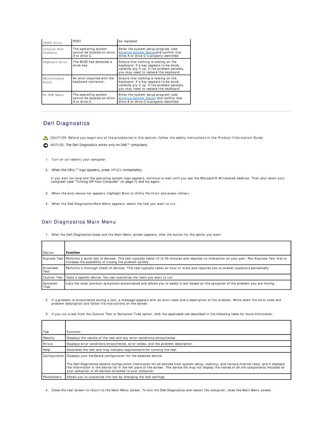 Dell 410 specifications Dell Diagnostics Main Menu, Option Function, Tab Function 