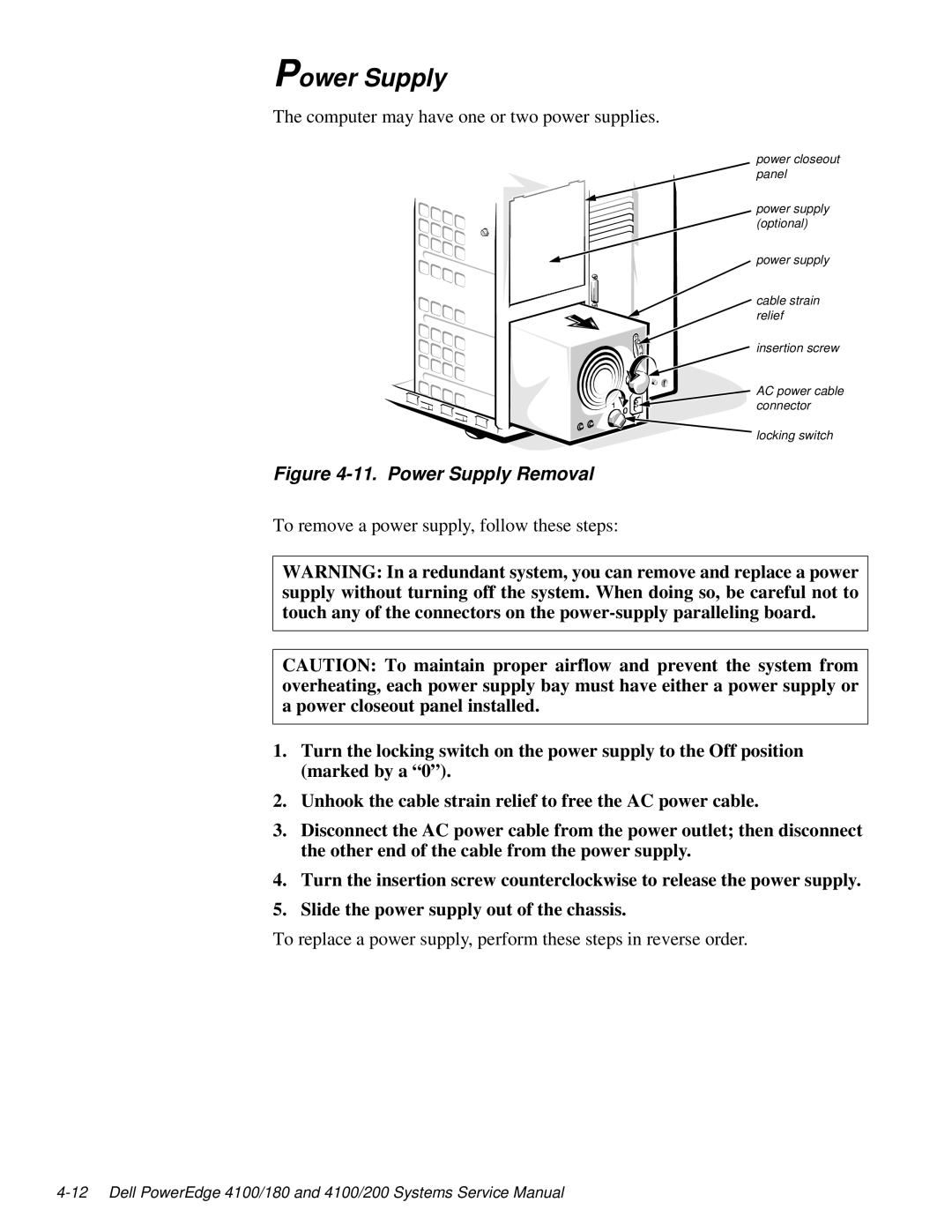 Dell 4100, 200, 180 service manual Power Supply Removal 