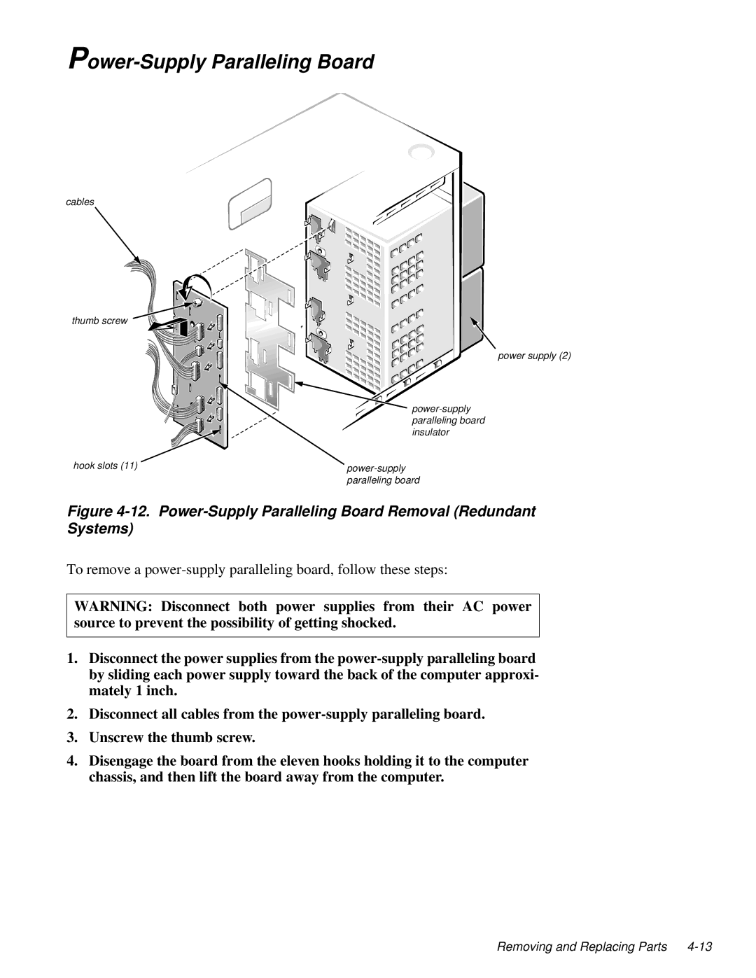 Dell 200, 4100, 180 service manual Power-Supply Paralleling Board Removal Redundant Systems 