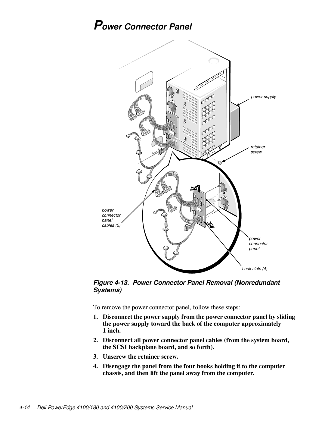 Dell 180, 4100, 200 service manual Power Connector Panel Removal Nonredundant Systems 