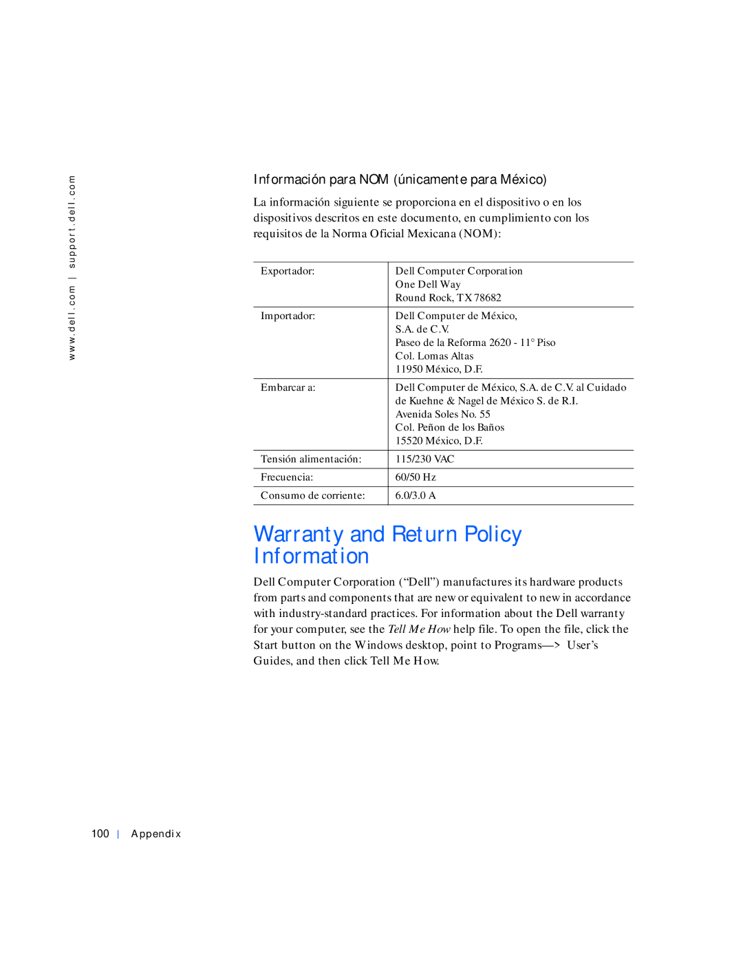 Dell 4100 manual Warranty and Return Policy Information, Información para NOM únicamente para México 