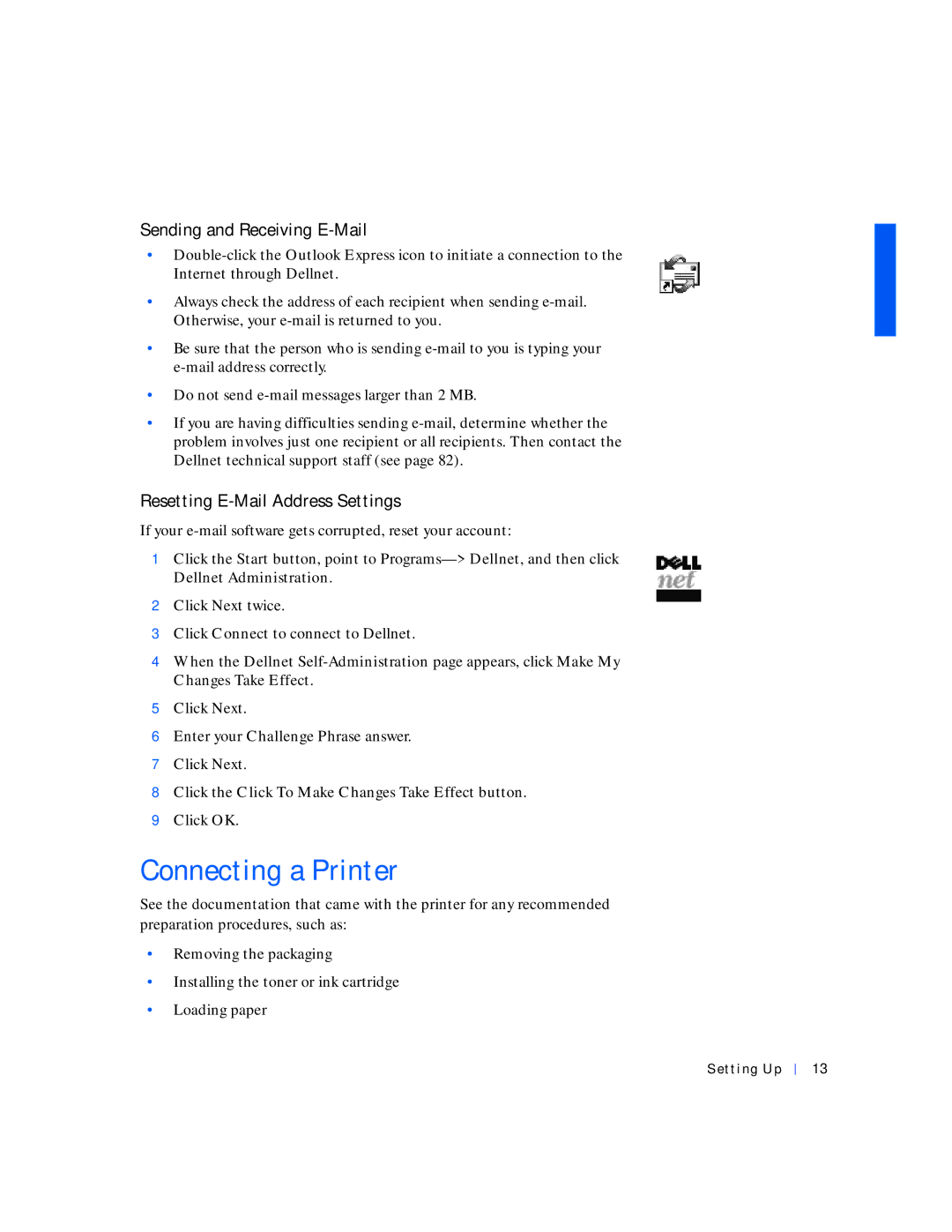 Dell 4100 manual Connecting a Printer, Sending and Receiving E-Mail, Resetting E-Mail Address Settings 