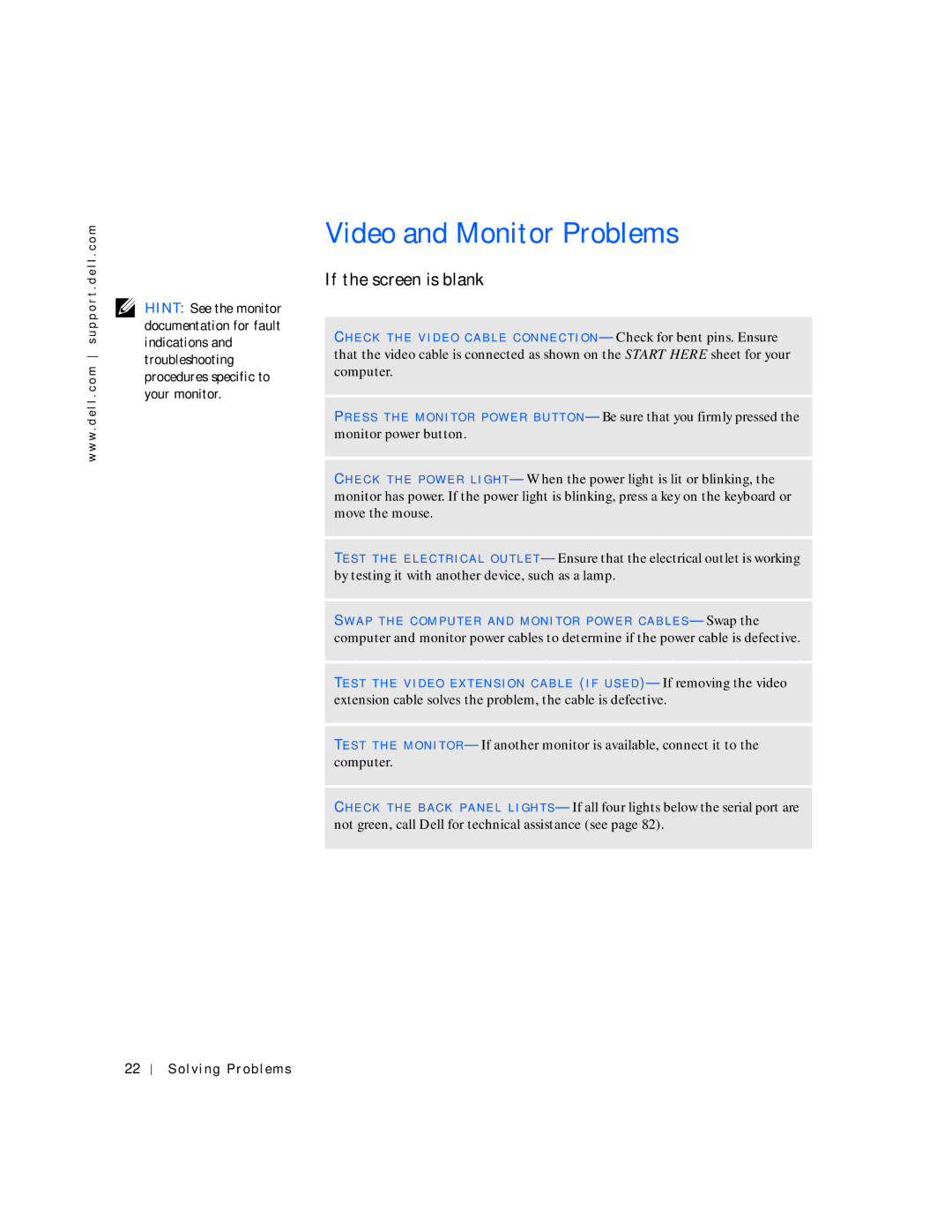 Dell 4100 manual Video and Monitor Problems, If the screen is blank 