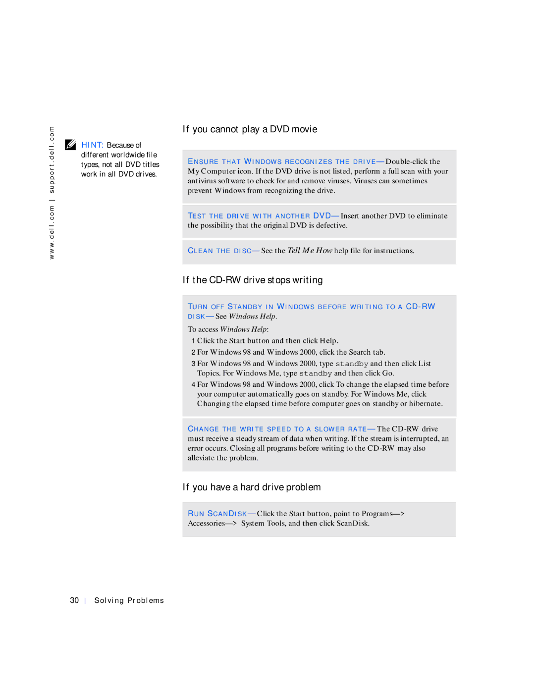 Dell 4100 manual If you cannot play a DVD movie, If the CD-RW drive stops writing, If you have a hard drive problem 