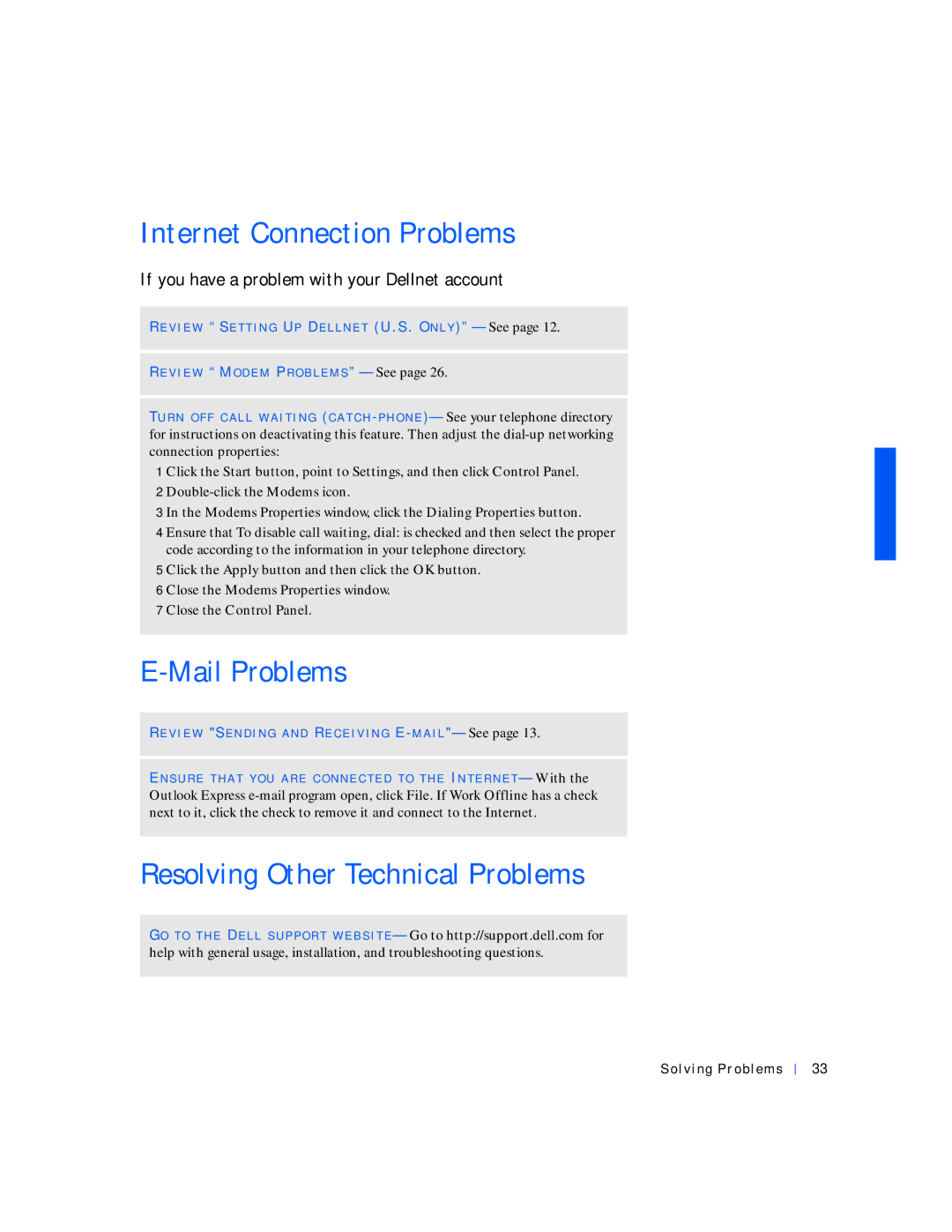 Dell 4100 manual Internet Connection Problems, Mail Problems, Resolving Other Technical Problems 