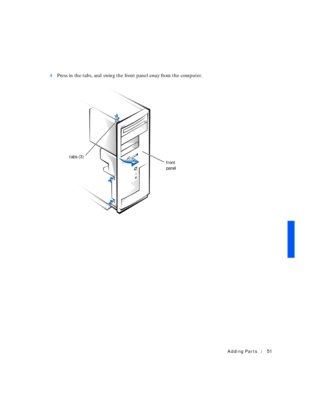 Dell 4100 manual Tabs Front panel Adding Parts 