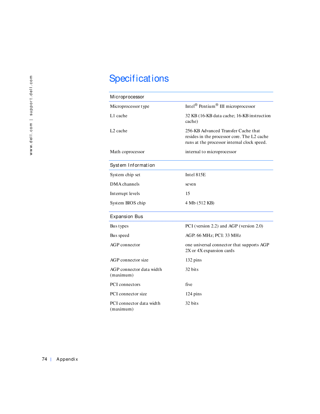 Dell 4100 manual Specifications, Expansion Bus 