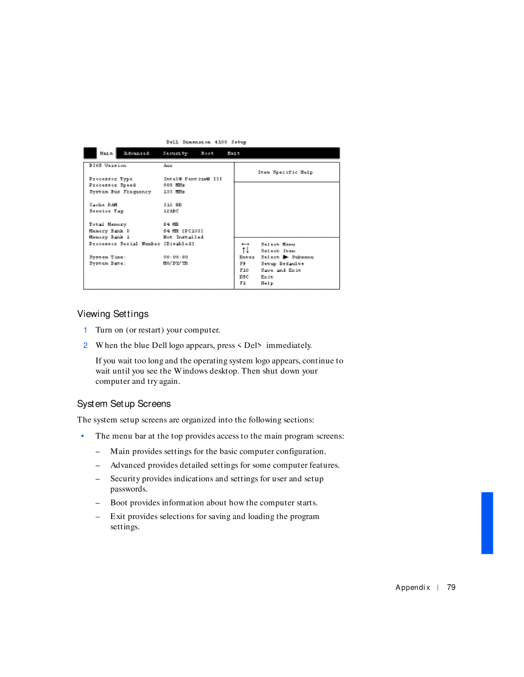 Dell 4100 manual Viewing Settings, System Setup Screens 