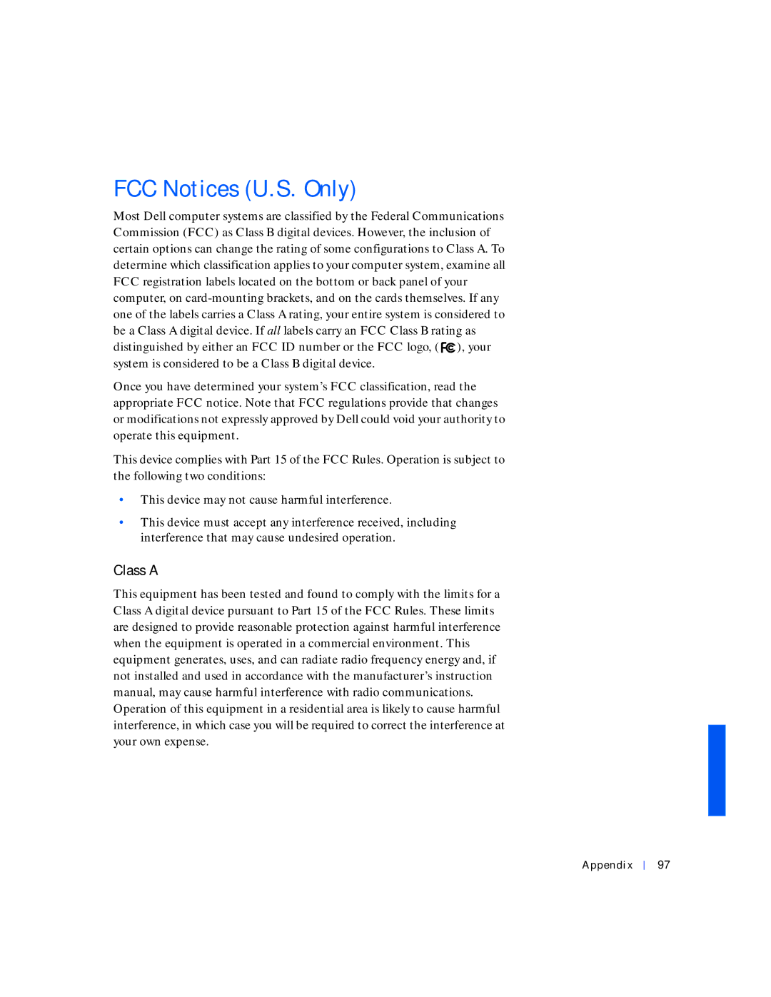 Dell 4100 manual FCC Notices U.S. Only, Class a 