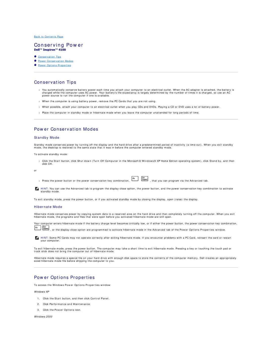 Dell 4100 specifications Conserving Power, Conservation Tips, Power Conservation Modes, Power Options Properties 
