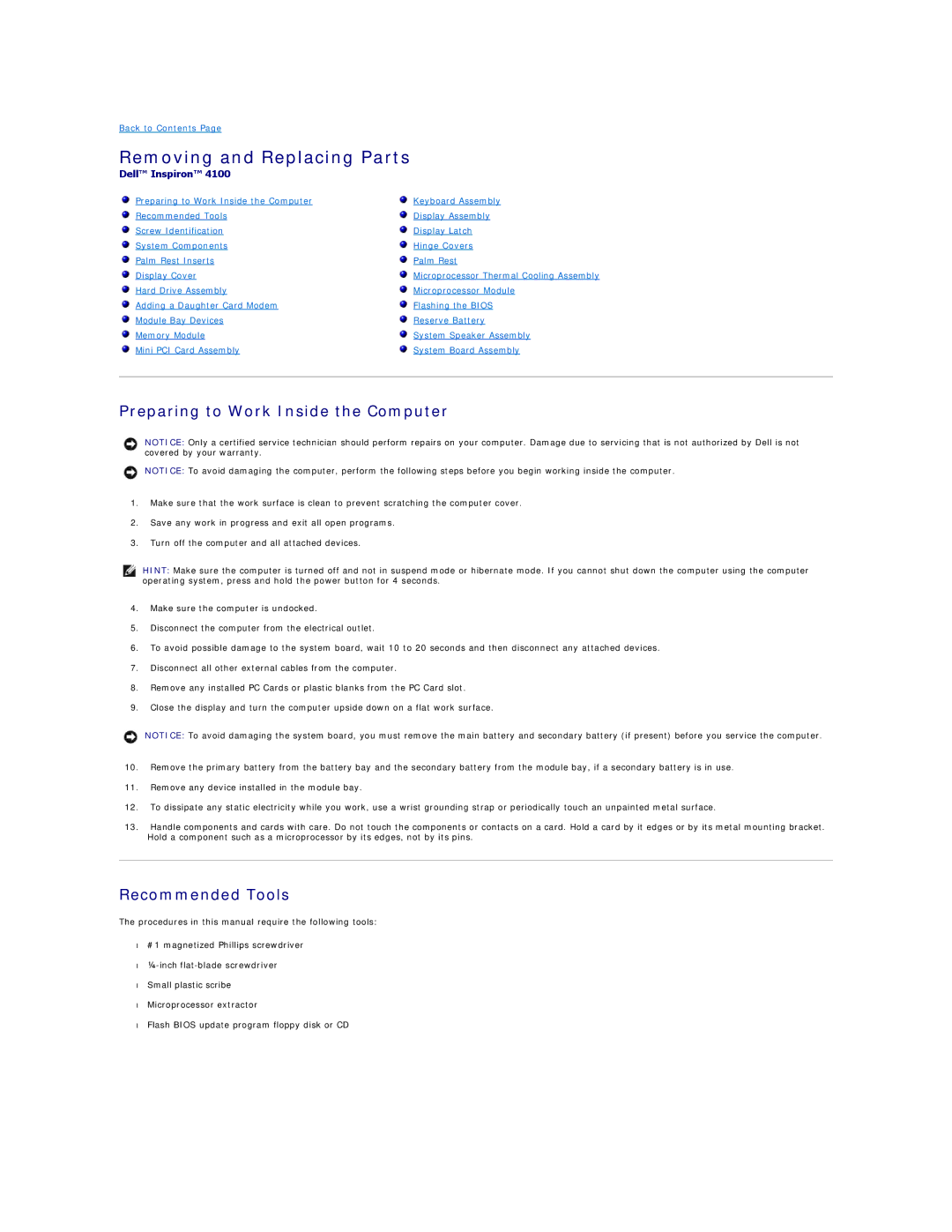 Dell 4100 specifications Removing and Replacing Parts, Preparing to Work Inside the Computer, Recommended Tools 