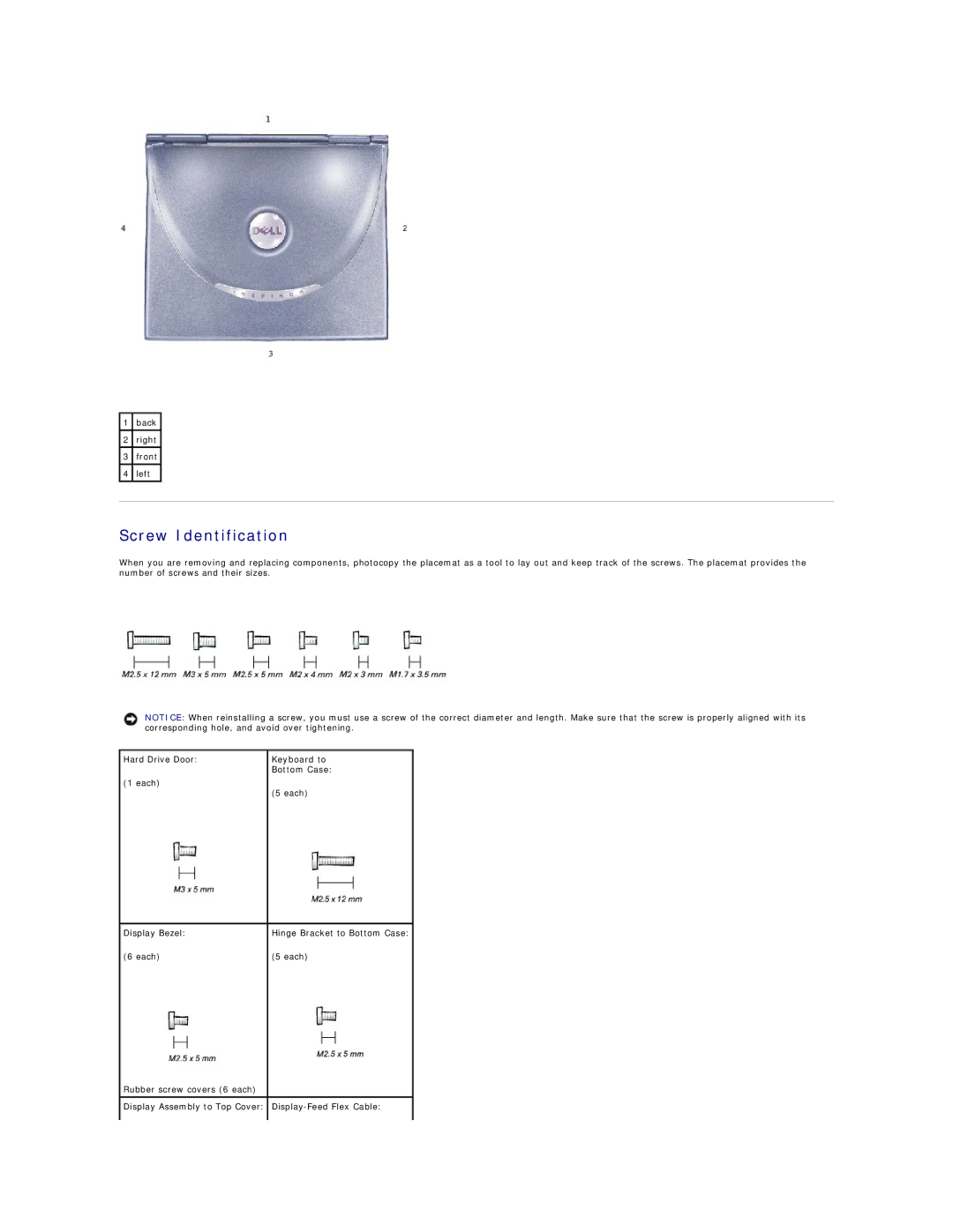 Dell 4100 specifications Screw Identification 