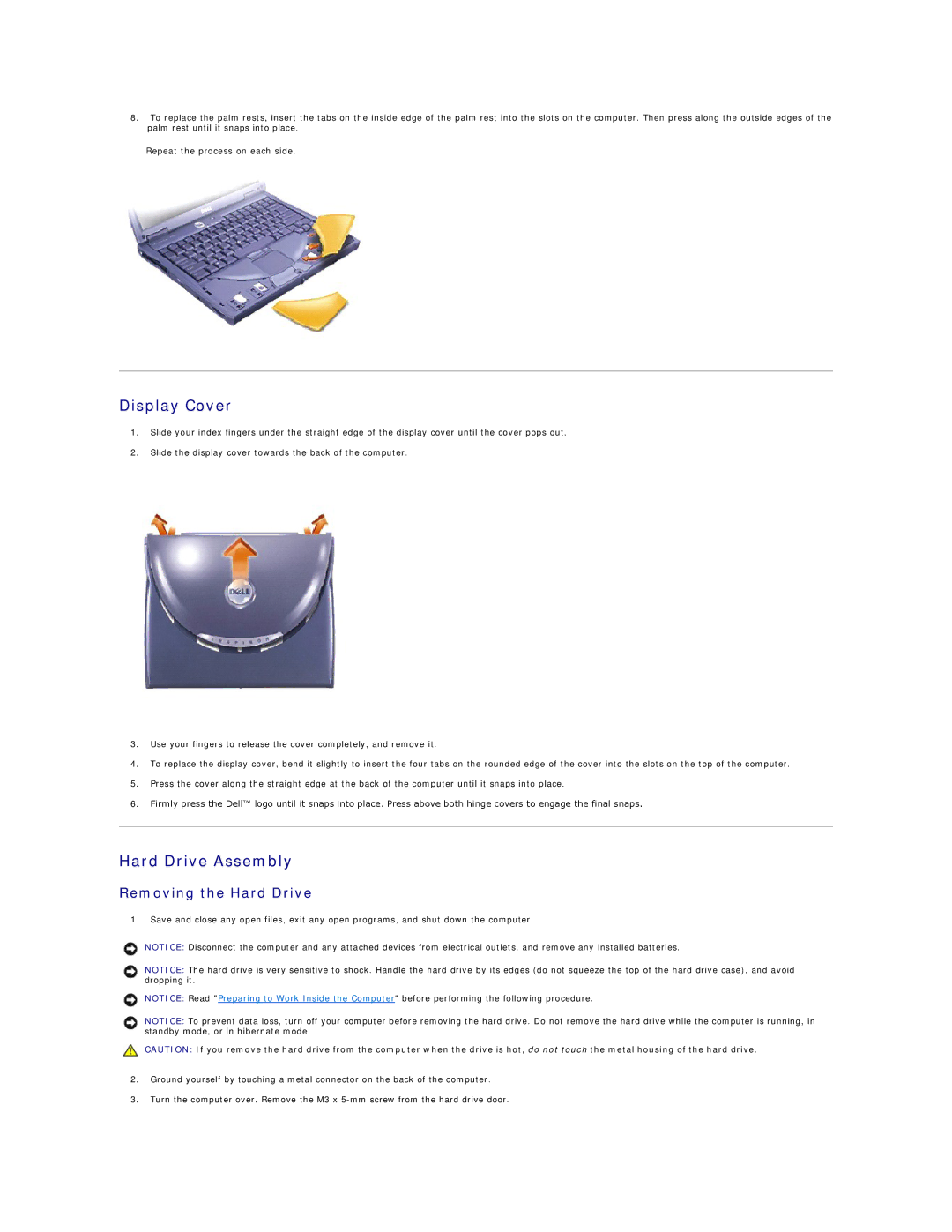 Dell 4100 specifications Display Cover, Hard Drive Assembly, Removing the Hard Drive 