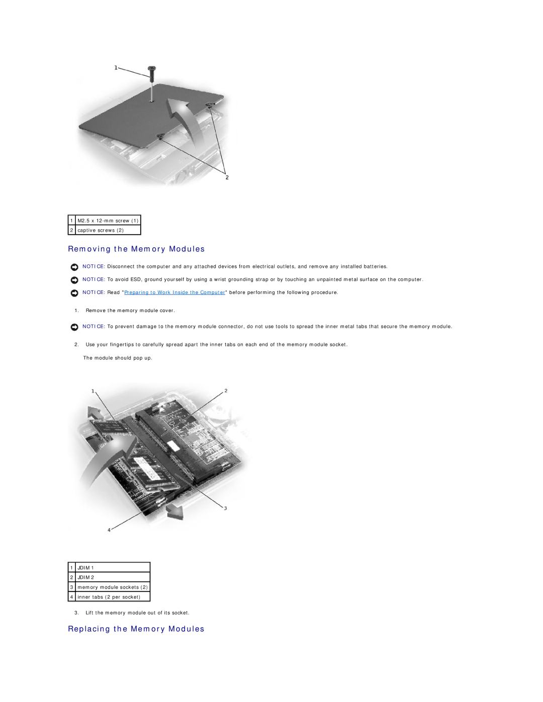 Dell 4100 specifications Removing the Memory Modules, Replacing the Memory Modules 