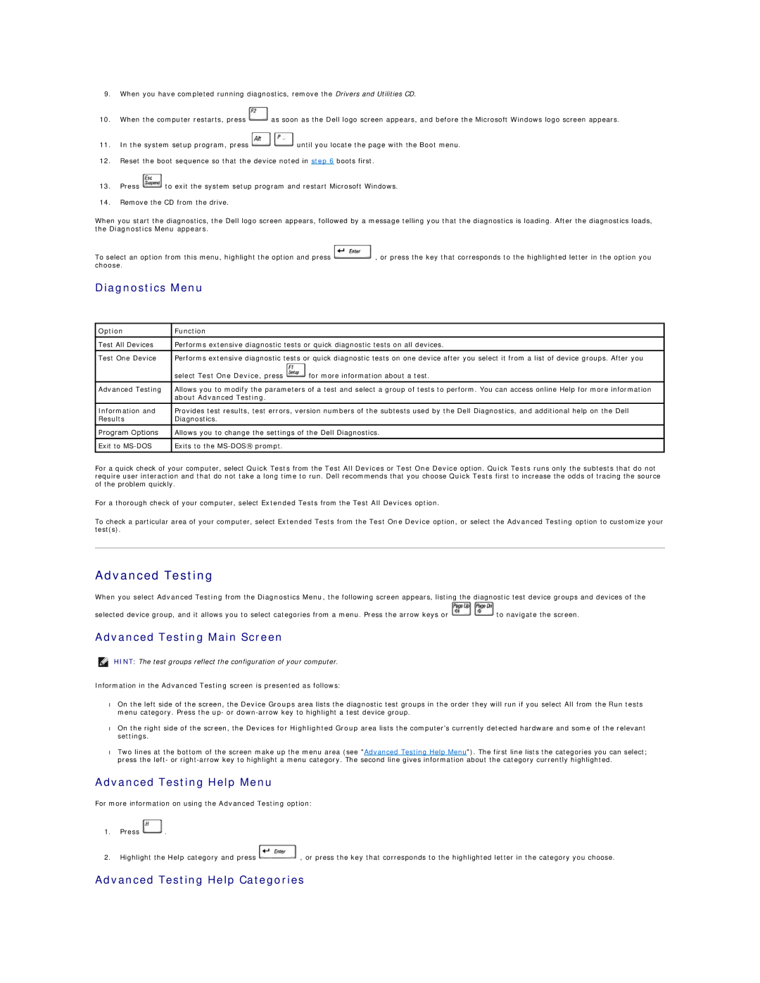 Dell 4100 Diagnostics Menu, Advanced Testing Main Screen, Advanced Testing Help Menu, Advanced Testing Help Categories 