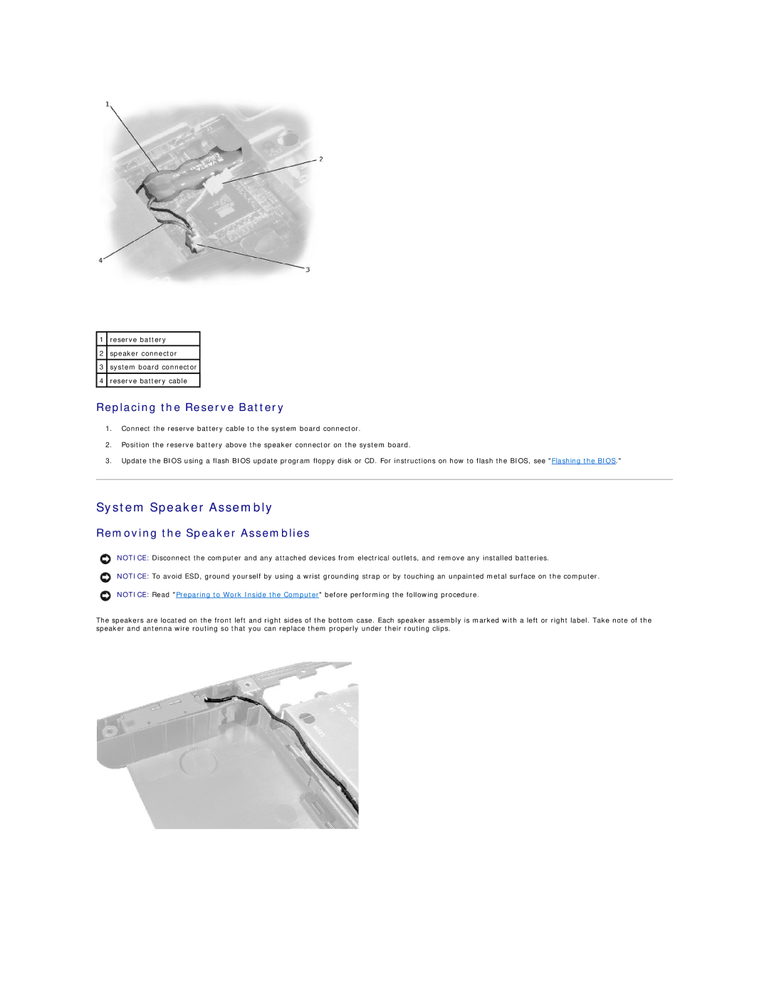 Dell 4100 specifications System Speaker Assembly, Replacing the Reserve Battery, Removing the Speaker Assemblies 