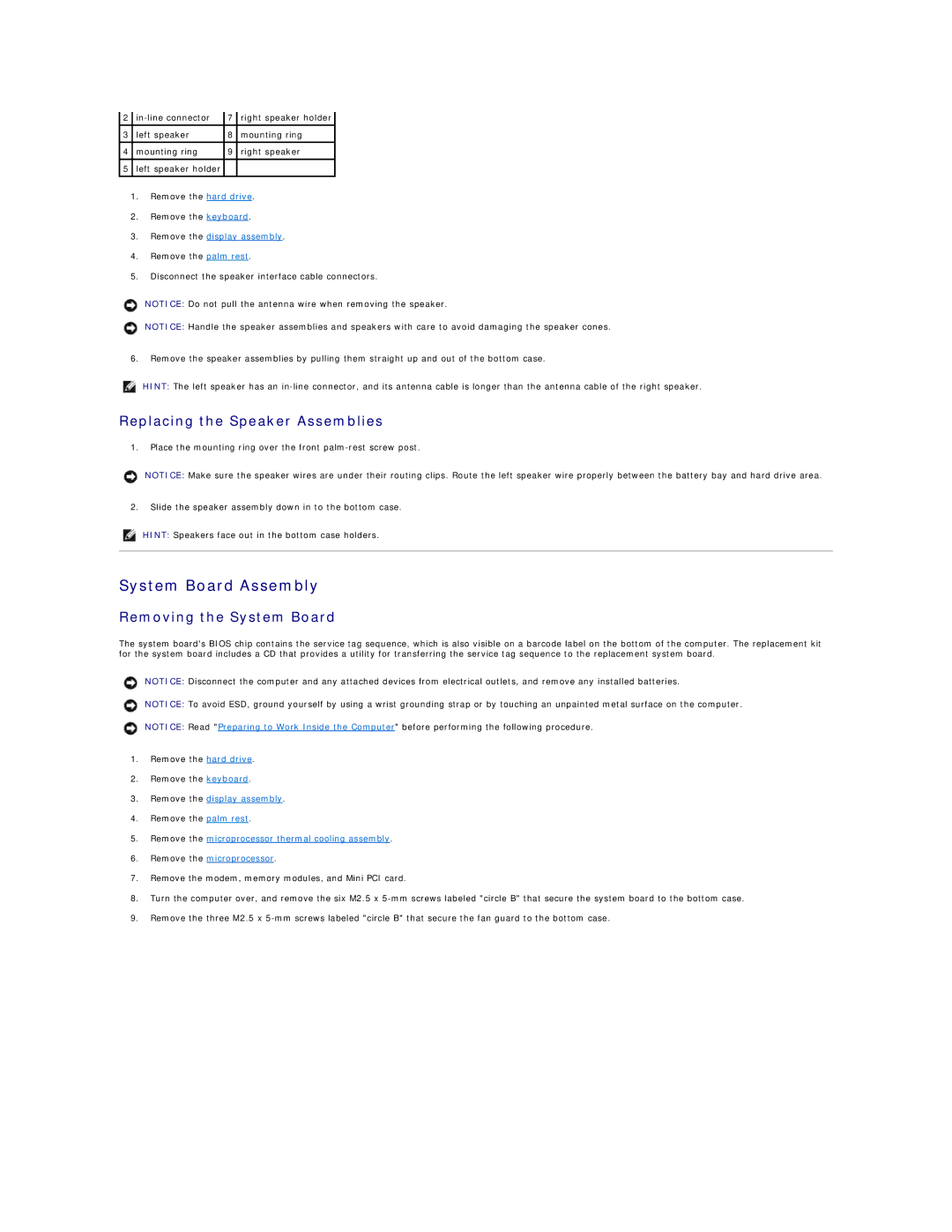 Dell 4100 specifications System Board Assembly, Replacing the Speaker Assemblies, Removing the System Board 