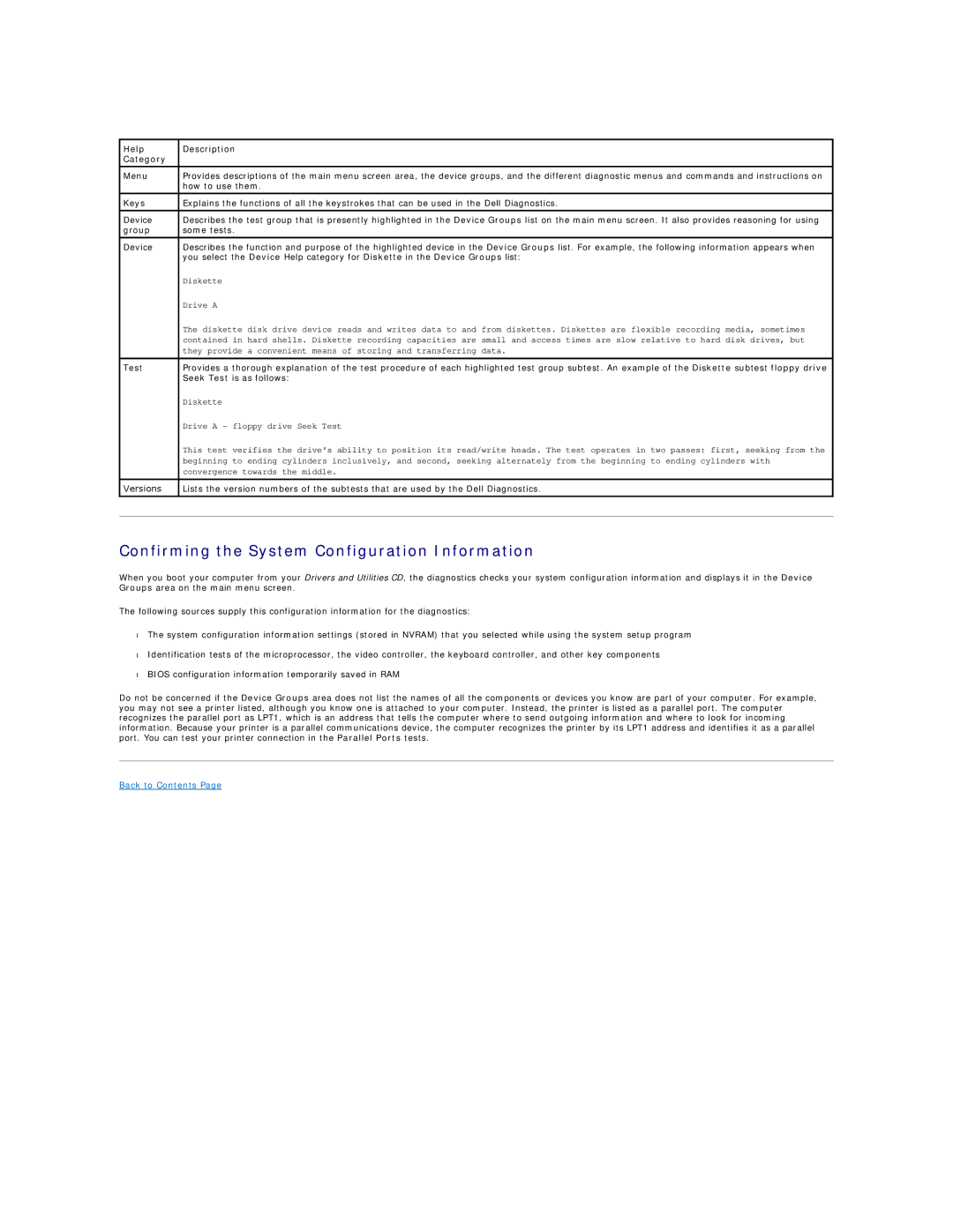 Dell 4100 specifications Confirming the System Configuration Information, Help Description Category 