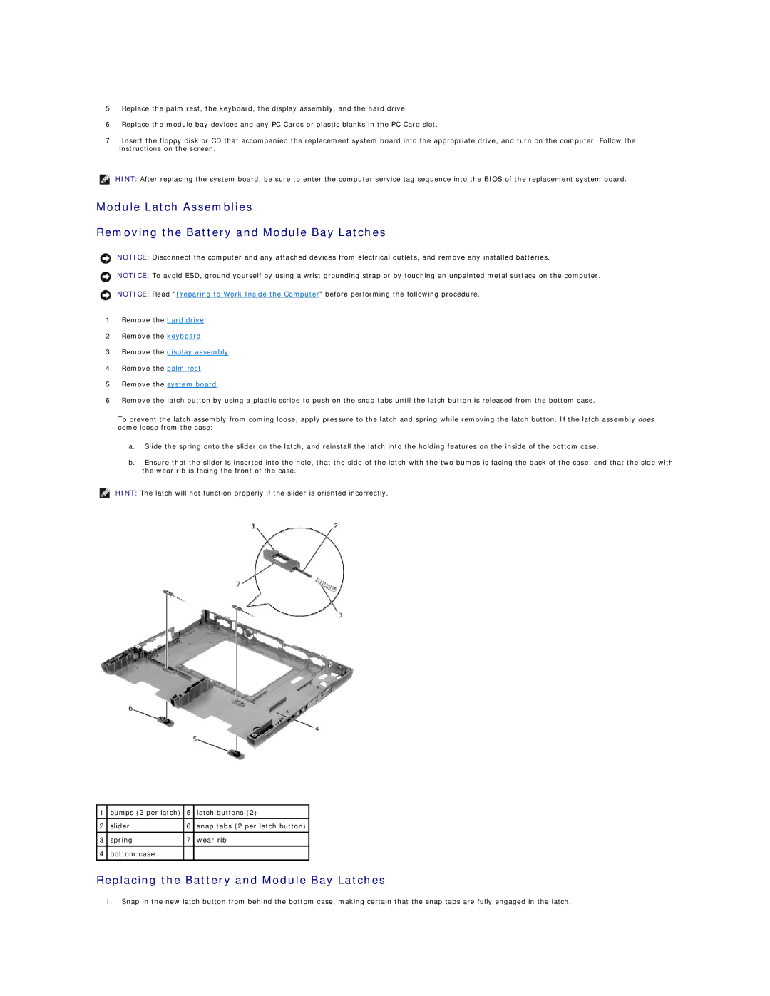 Dell 4100 specifications Replacing the Battery and Module Bay Latches 