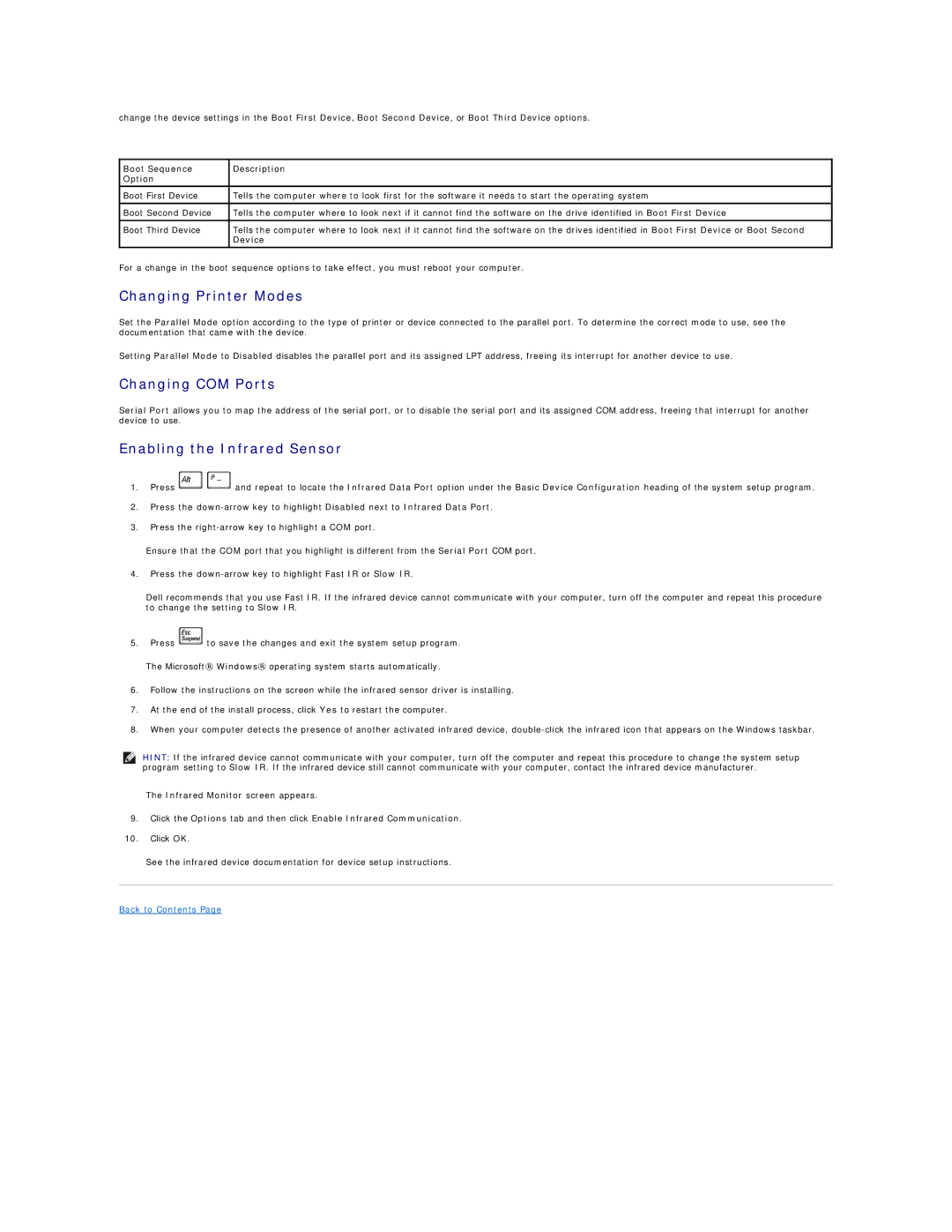 Dell 4100 specifications Changing Printer Modes, Changing COM Ports, Enabling the Infrared Sensor 