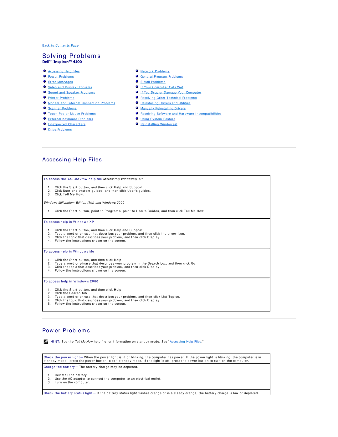 Dell 4100 specifications Solving Problems, Accessing Help Files, Power Problems 