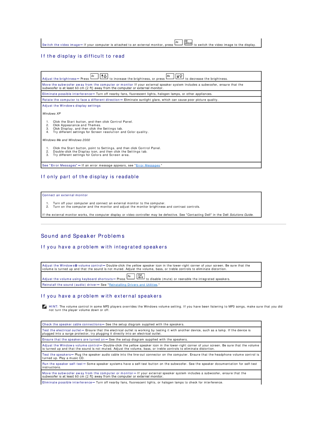 Dell 4100 Sound and Speaker Problems, If the display is difficult to read, If only part of the display is readable 