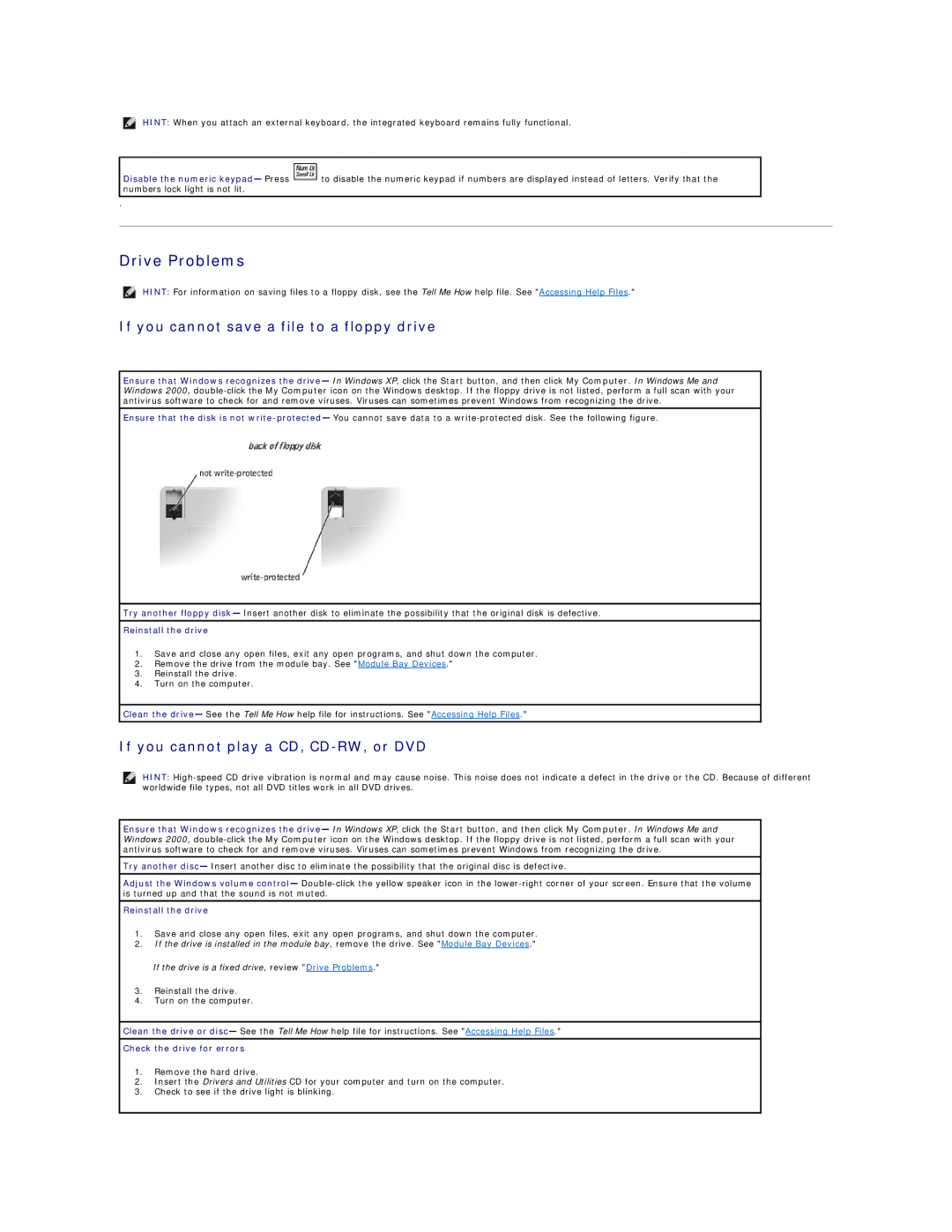 Dell 4100 Drive Problems, If you cannot save a file to a floppy drive, If you cannot play a CD, CD-RW, or DVD 