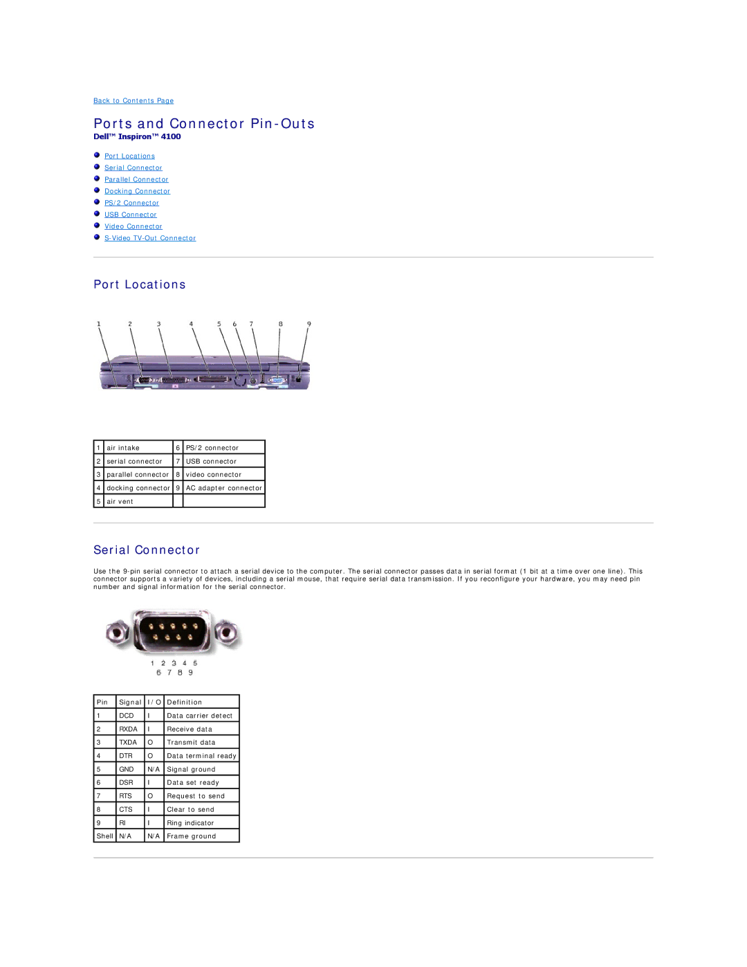 Dell 4100 specifications Ports and Connector Pin-Outs, Port Locations, Serial Connector, Pin Signal Definition 