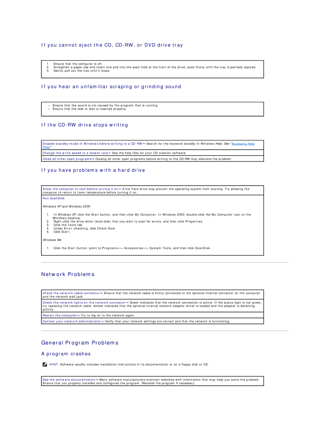 Dell 4100 specifications Network Problems, General Program Problems 