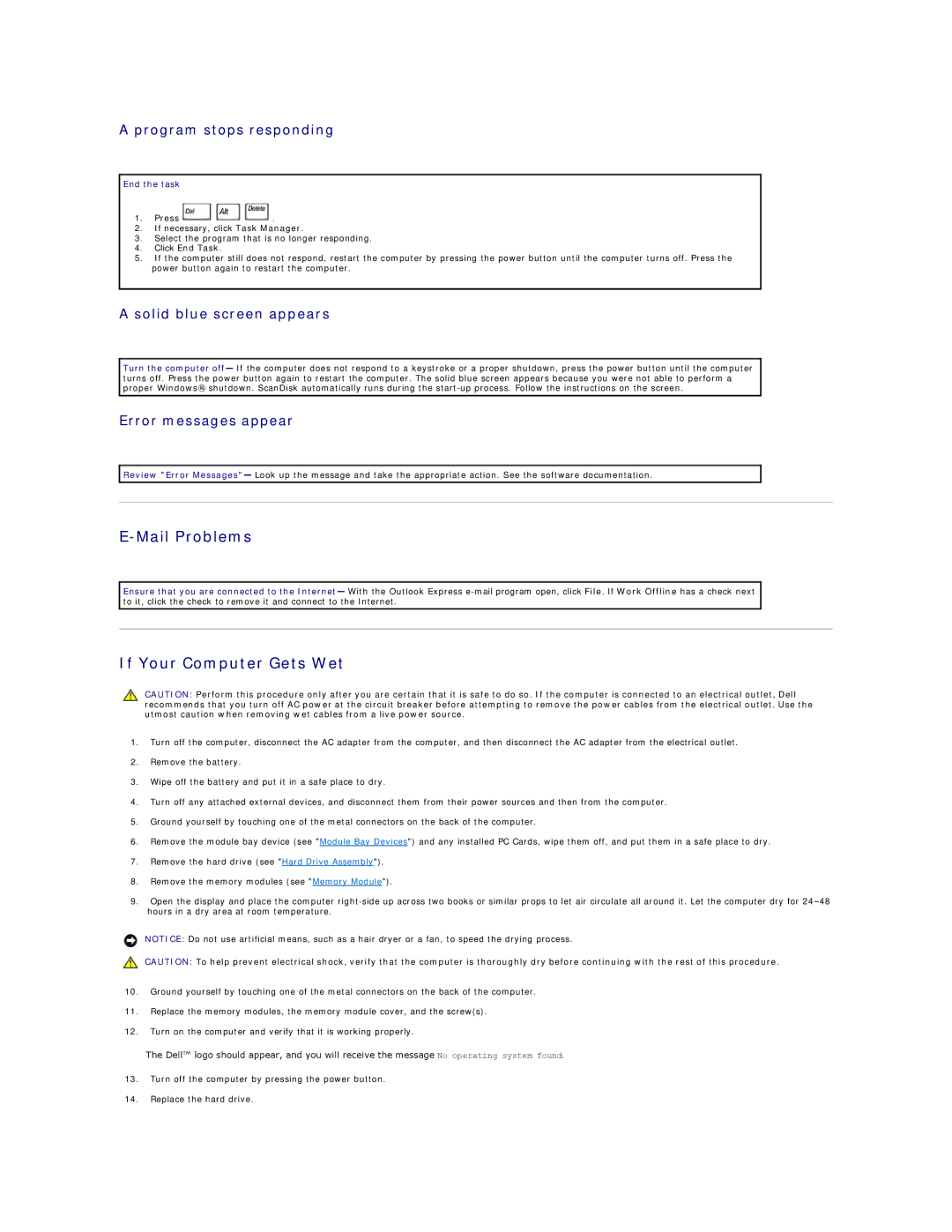 Dell 4100 specifications Mail Problems, If Your Computer Gets Wet, Program stops responding, Solid blue screen appears 