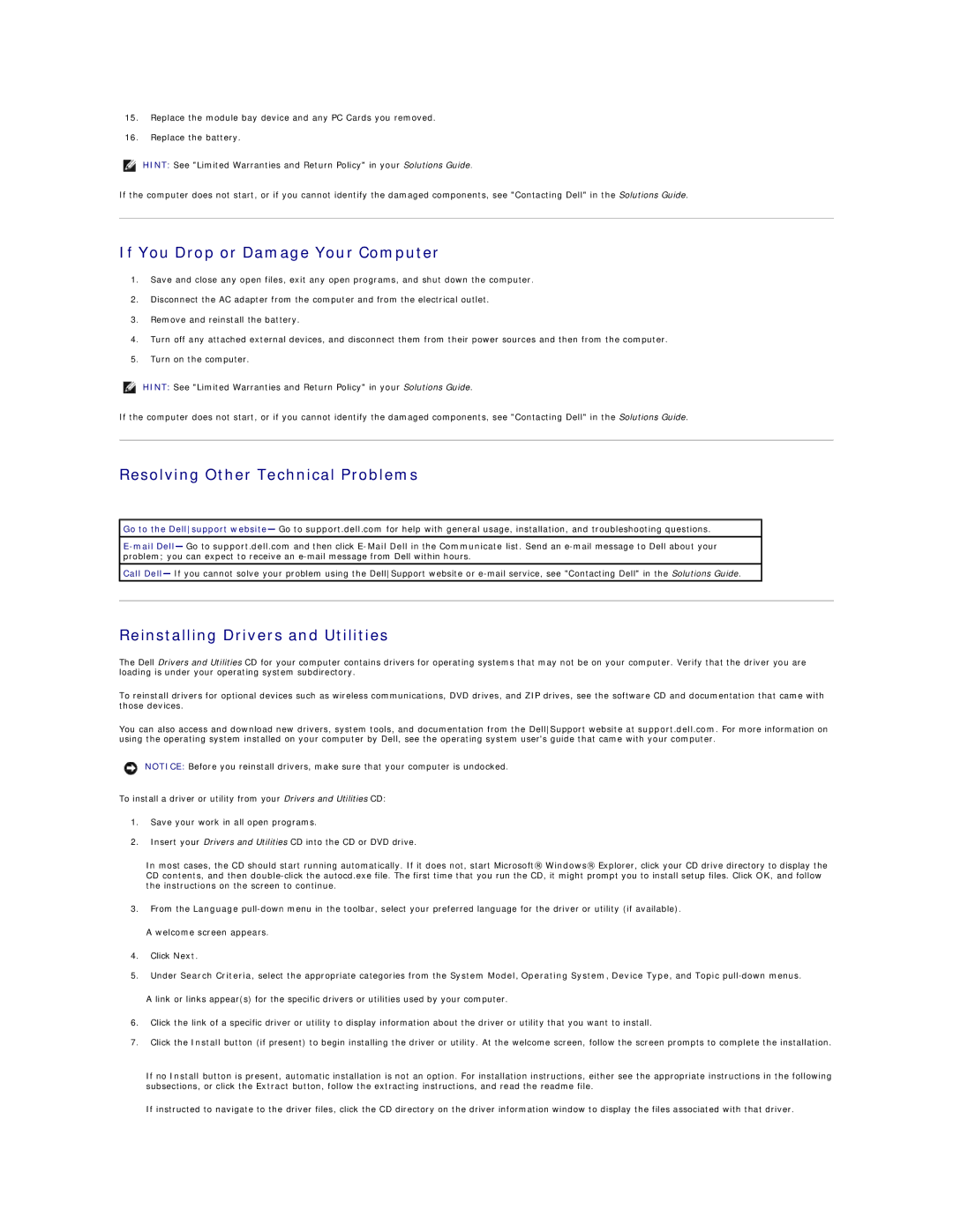 Dell 4100 If You Drop or Damage Your Computer, Resolving Other Technical Problems, Reinstalling Drivers and Utilities 