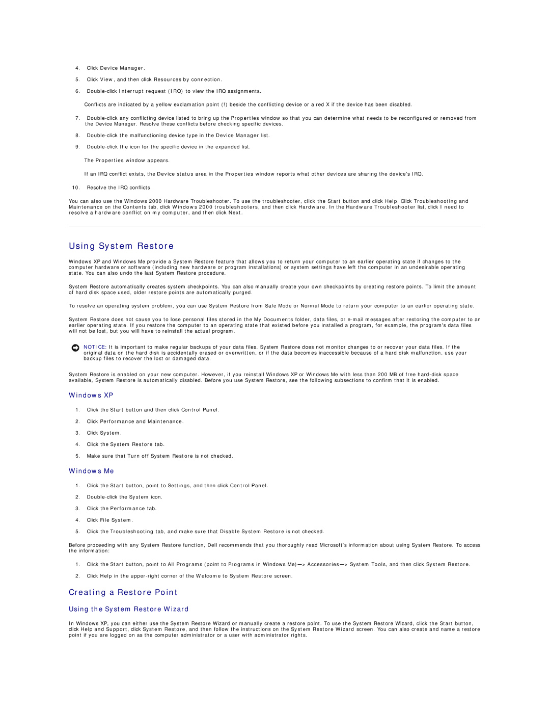 Dell 4100 specifications Using System Restore, Creating a Restore Point, Click the System Restore tab, Click File System 