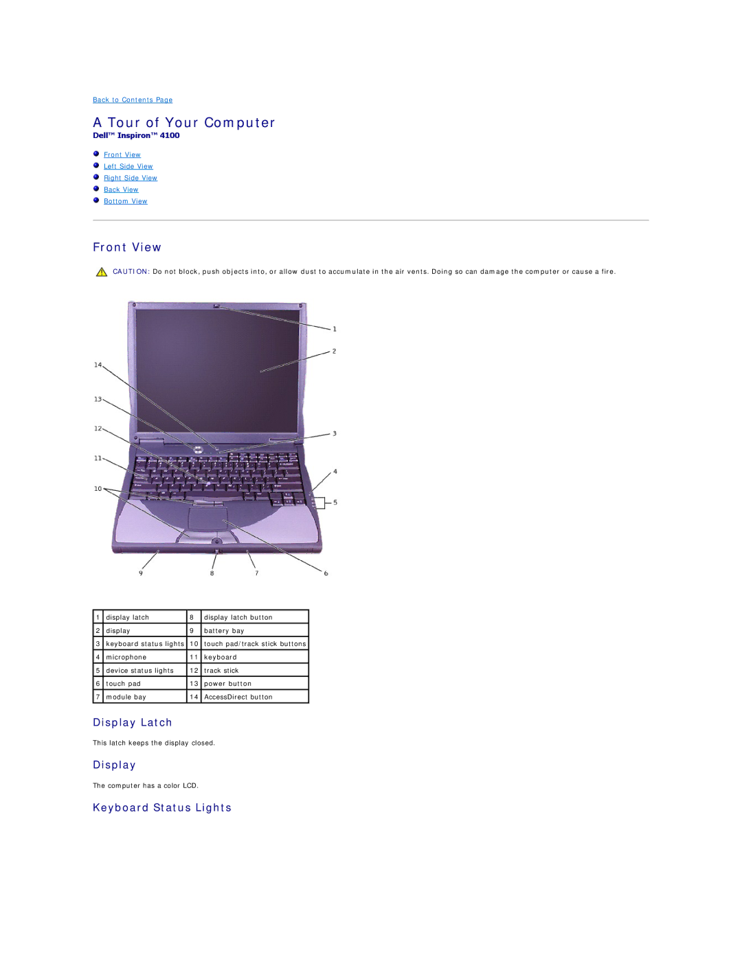 Dell 4100 specifications Tour of Your Computer, Front View, Display Latch, Keyboard Status Lights 