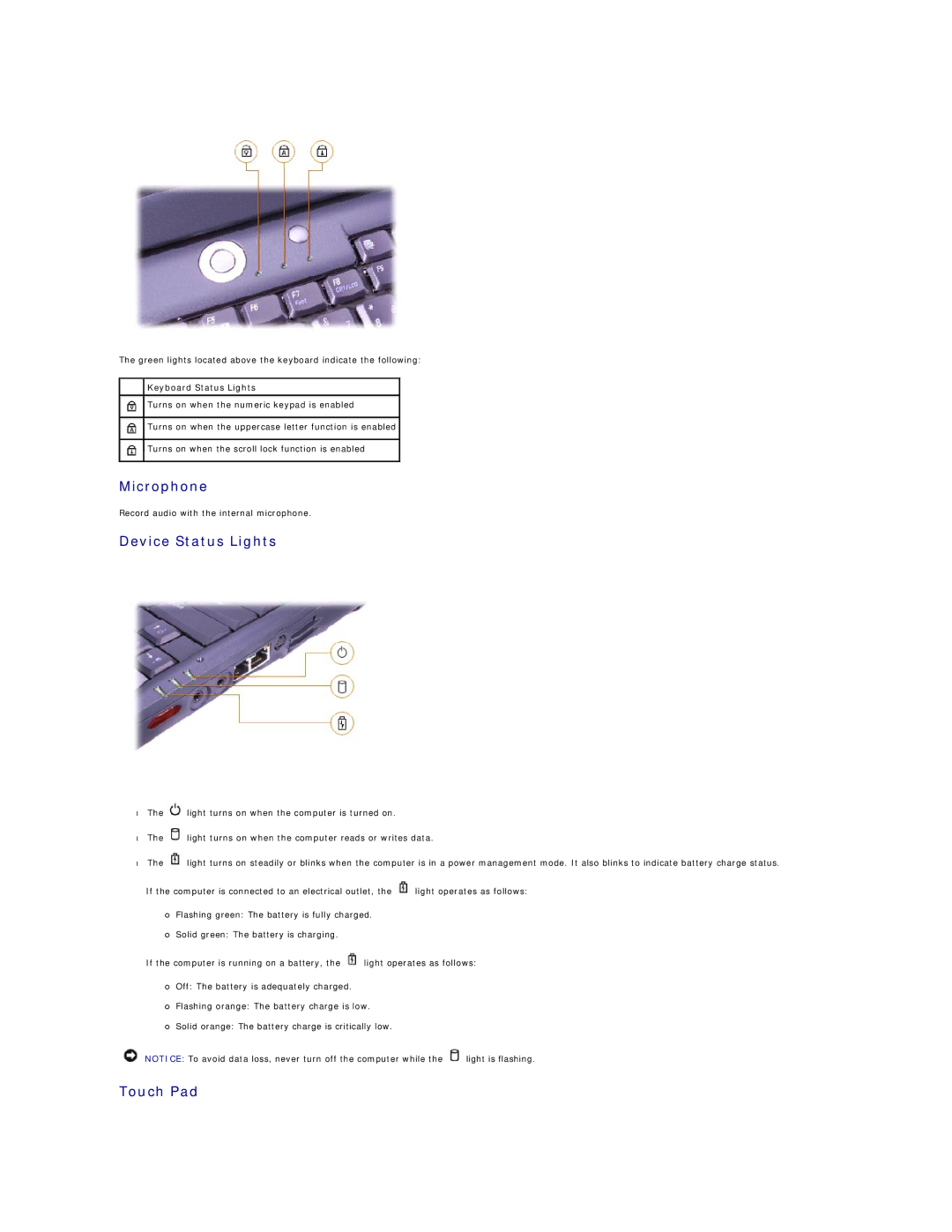 Dell 4100 specifications Microphone, Device Status Lights, Touch Pad, Keyboard Status Lights 