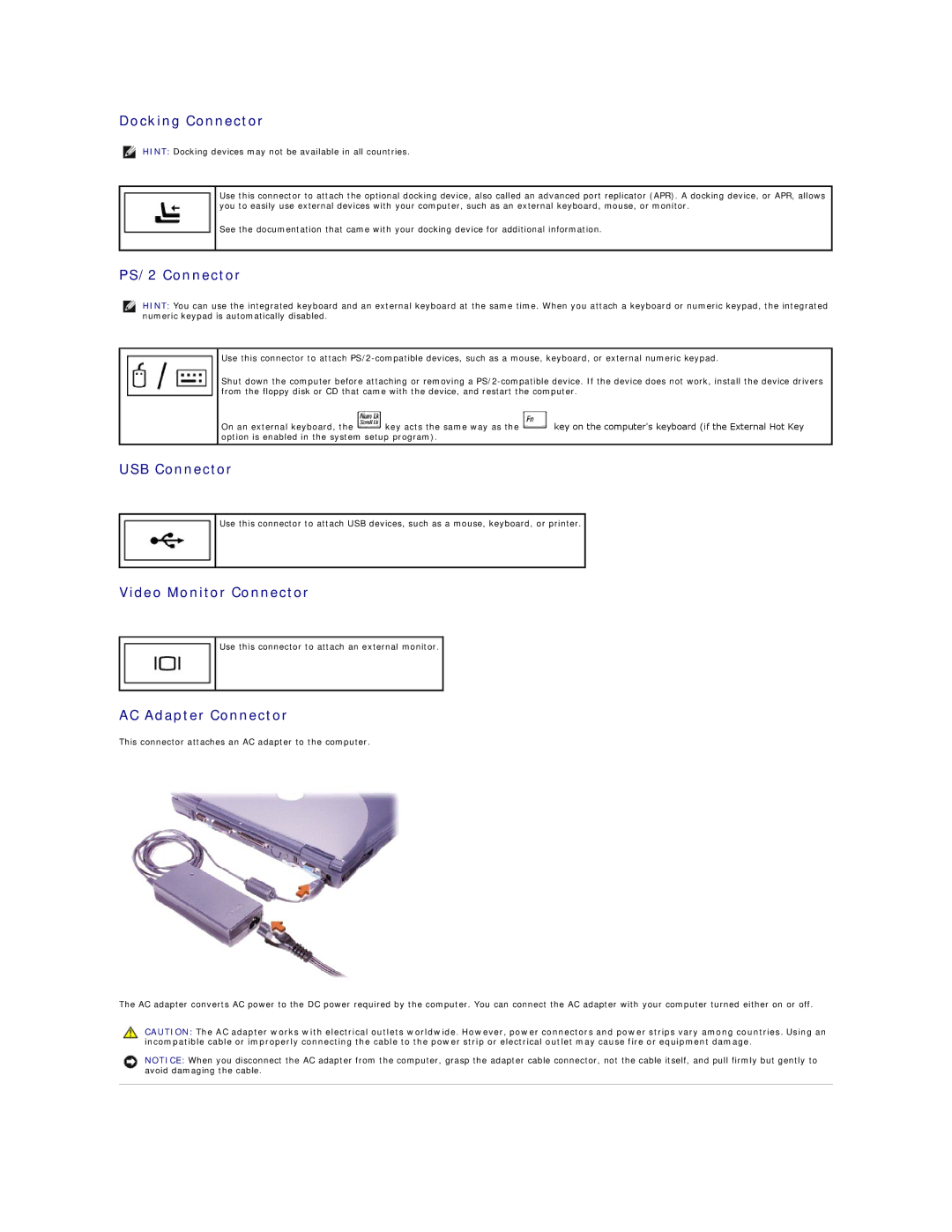 Dell 4100 specifications Docking Connector, PS/2 Connector, USB Connector, Video Monitor Connector, AC Adapter Connector 