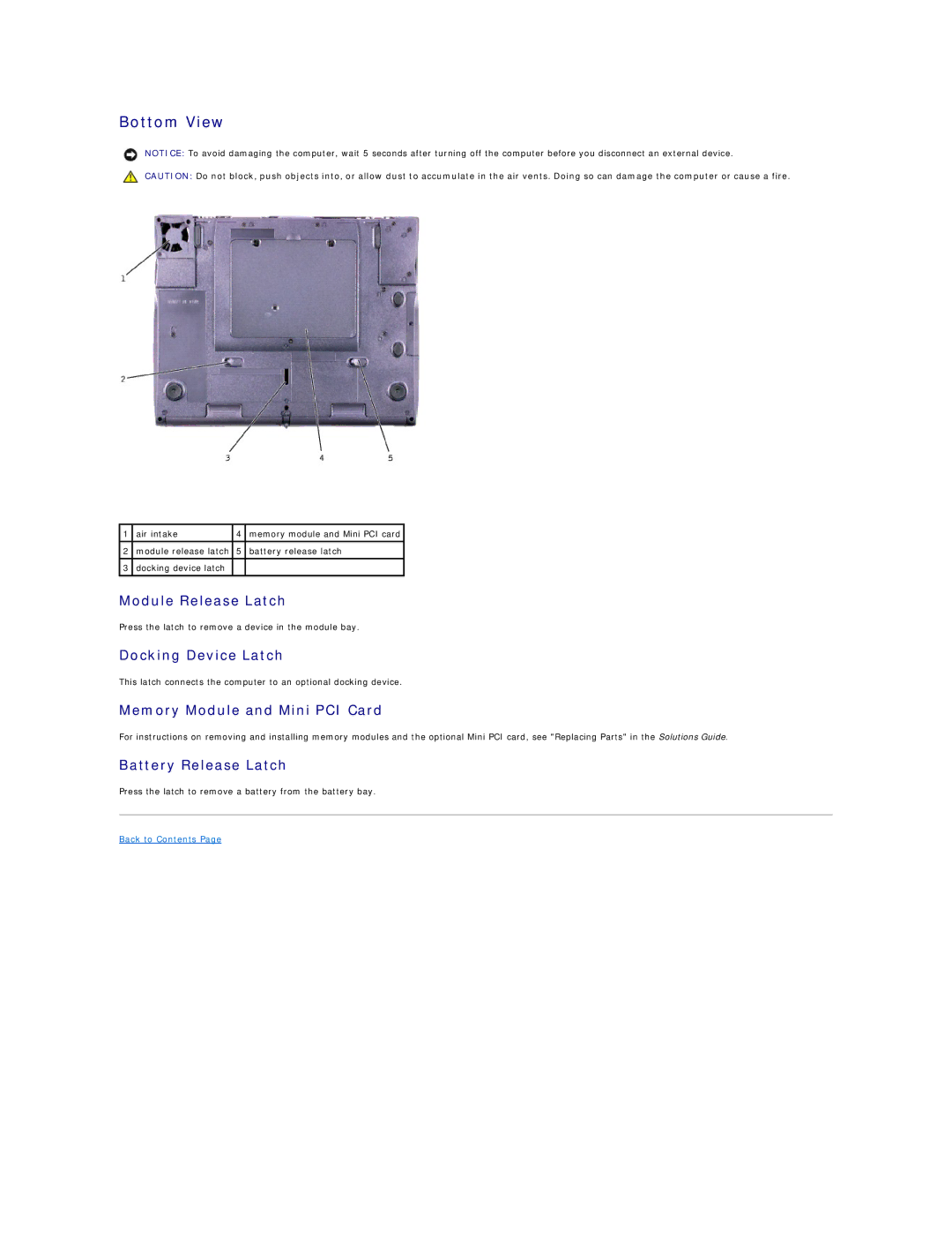 Dell 4100 Bottom View, Module Release Latch, Docking Device Latch, Memory Module and Mini PCI Card, Battery Release Latch 