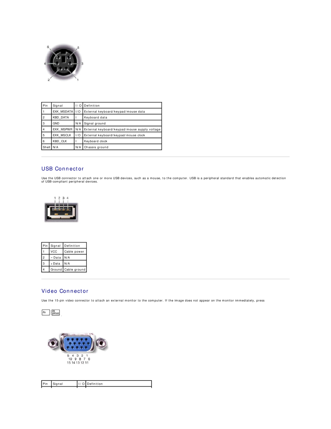 Dell 4100 specifications USB Connector, Video Connector 