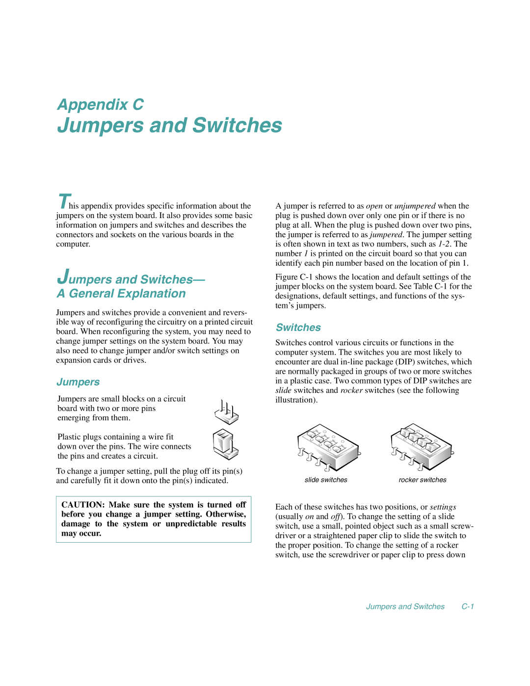 Dell 4100/180, 4100/200 manual Jumpers and Switches 