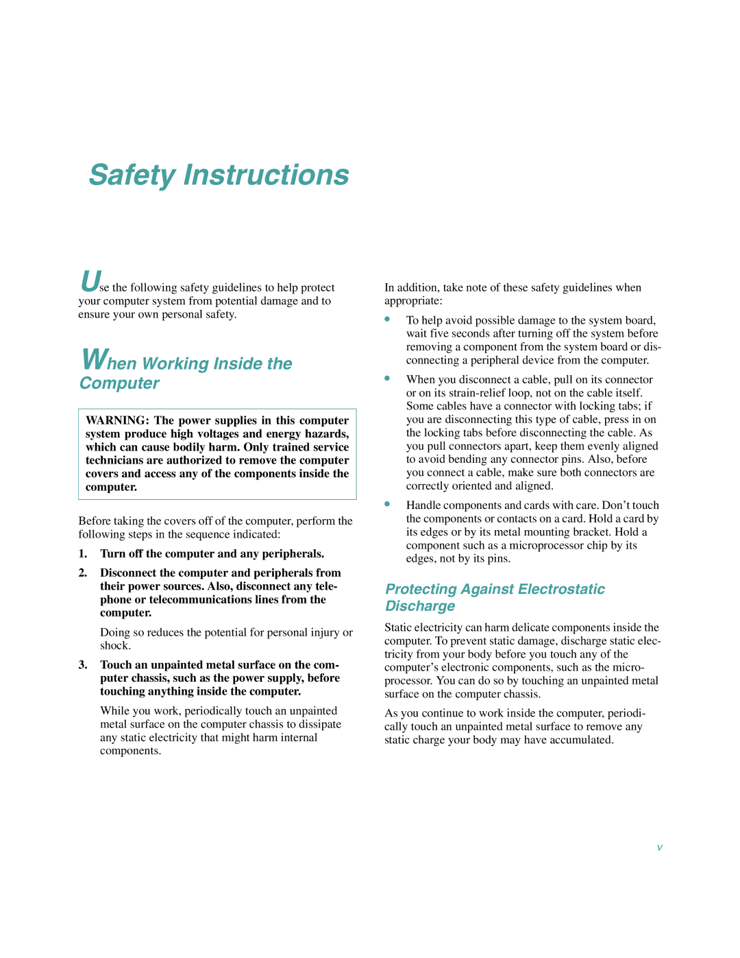 Dell 4100/200, 4100/180 Safety Instructions, When Working Inside the Computer, Protecting Against Electrostatic Discharge 