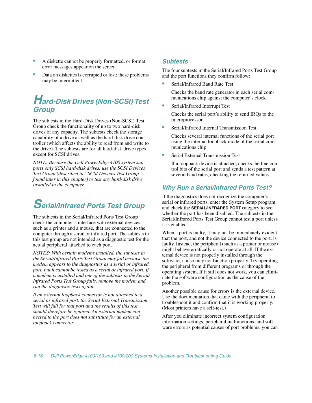 Dell 4100/180, 4100/200 manual Hard-Disk Drives Non-SCSI Test Group, Serial/Infrared Ports Test Group 