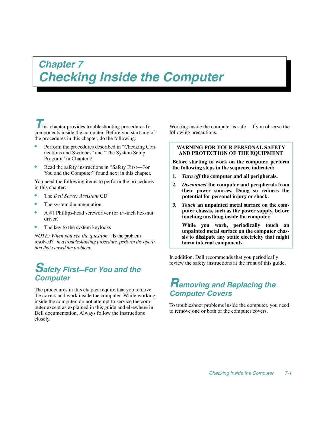 Dell 4100/200, 4100/180 manual Checking Inside the Computer, Safety First-For You and the Computer 