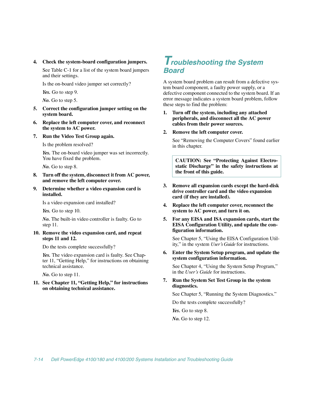 Dell 4100/180, 4100/200 manual Troubleshooting the System Board, Check the system-board configuration jumpers 