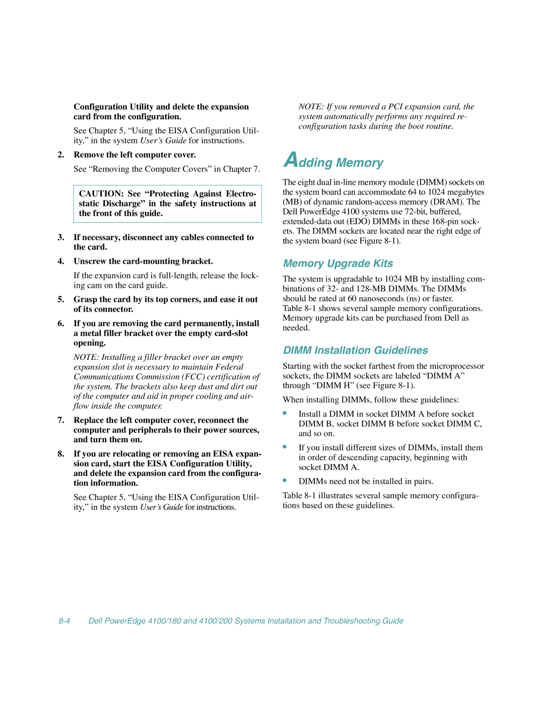 Dell 4100/180, 4100/200 manual Adding Memory, Memory Upgrade Kits, Dimm Installation Guidelines 
