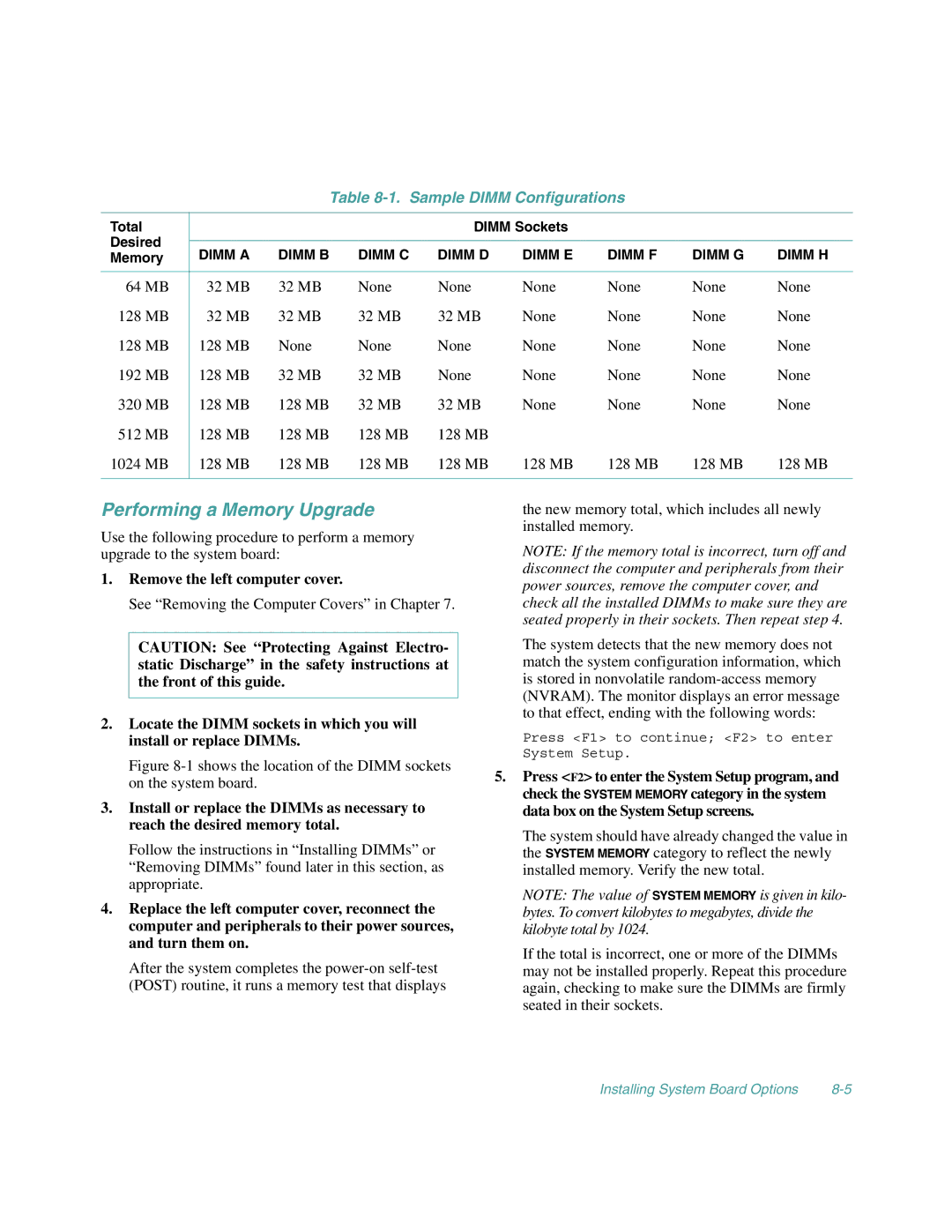 Dell 4100/200, 4100/180 manual Performing a Memory Upgrade, Sample Dimm Configurations 