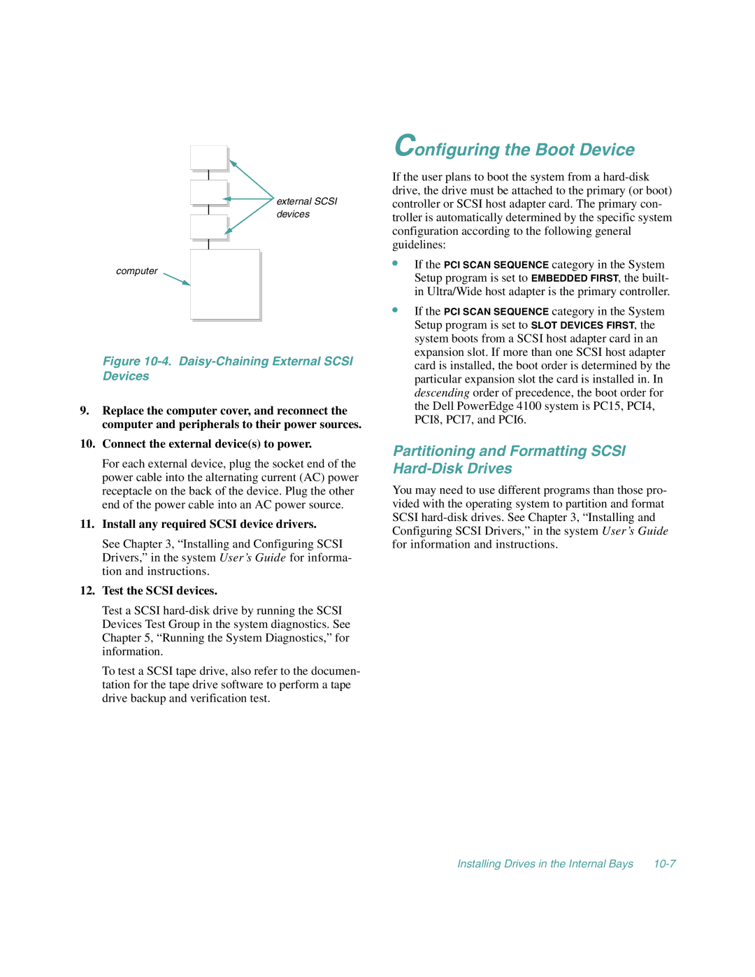 Dell 4100/200, 4100/180 manual Configuring the Boot Device, Partitioning and Formatting Scsi Hard-Disk Drives 