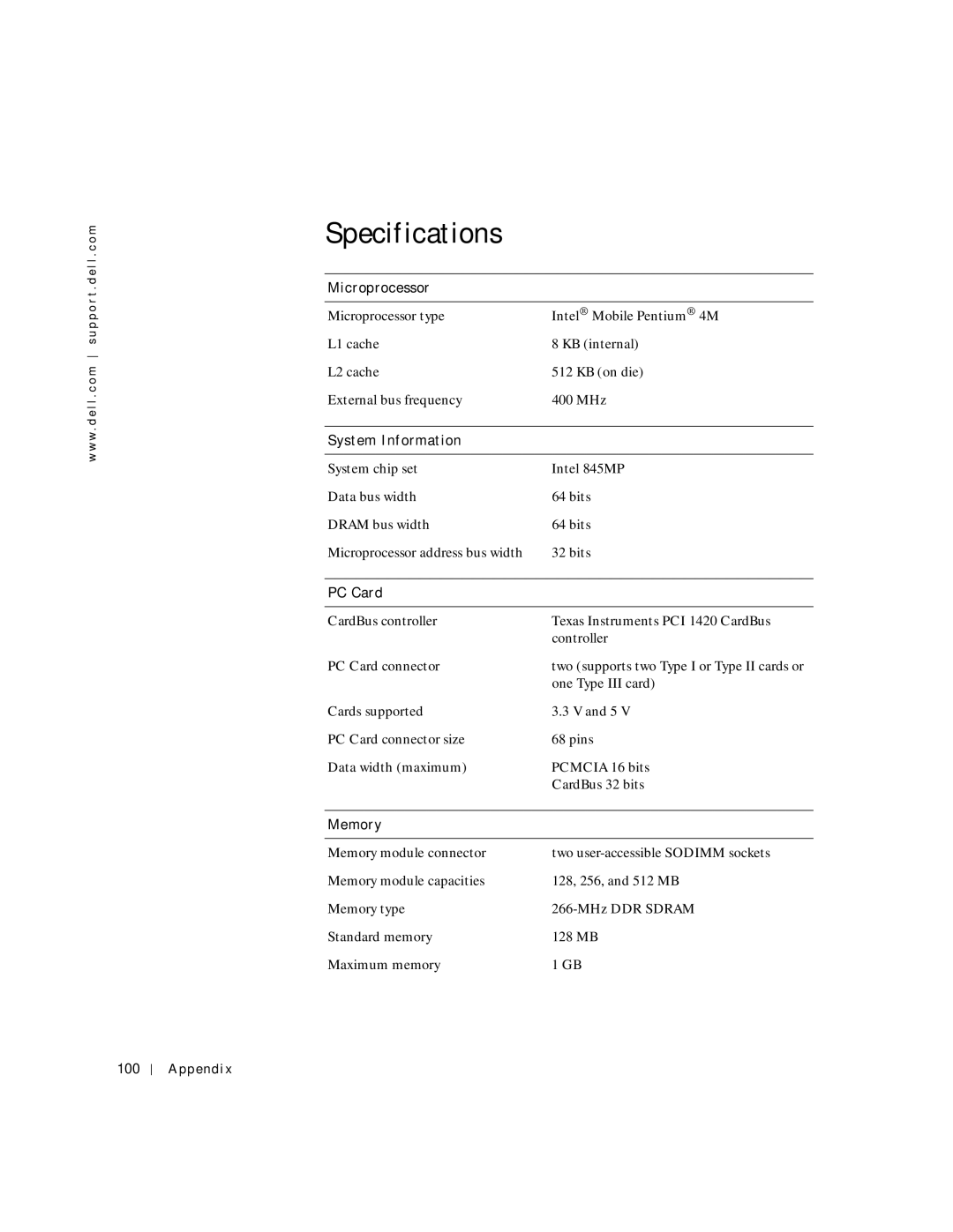 Dell 4150 owner manual Specifications, Microprocessor, System Information, PC Card, Memory 